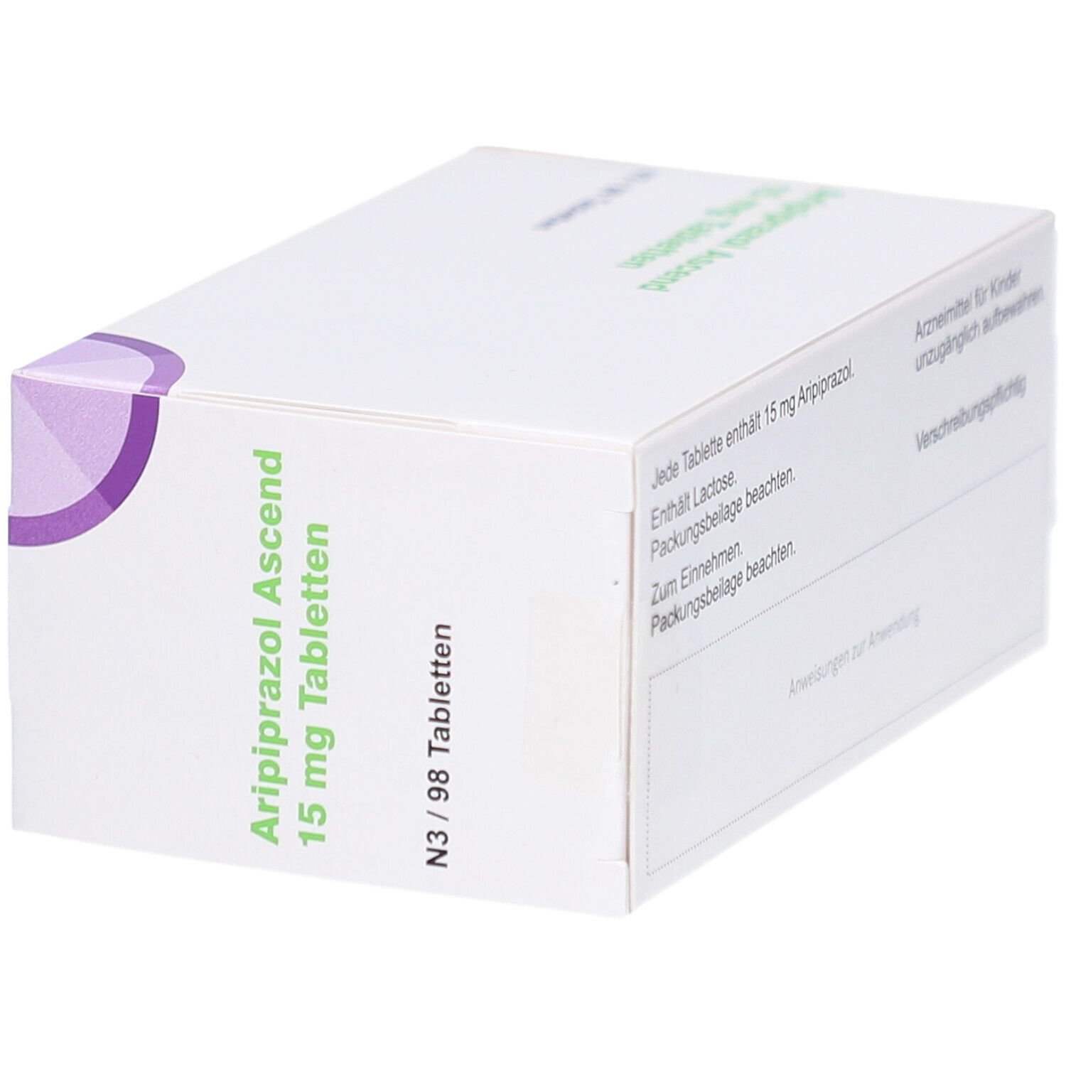Schräge Ansicht der Packung Aripiprazol Ascend 15 mg Tabletten.