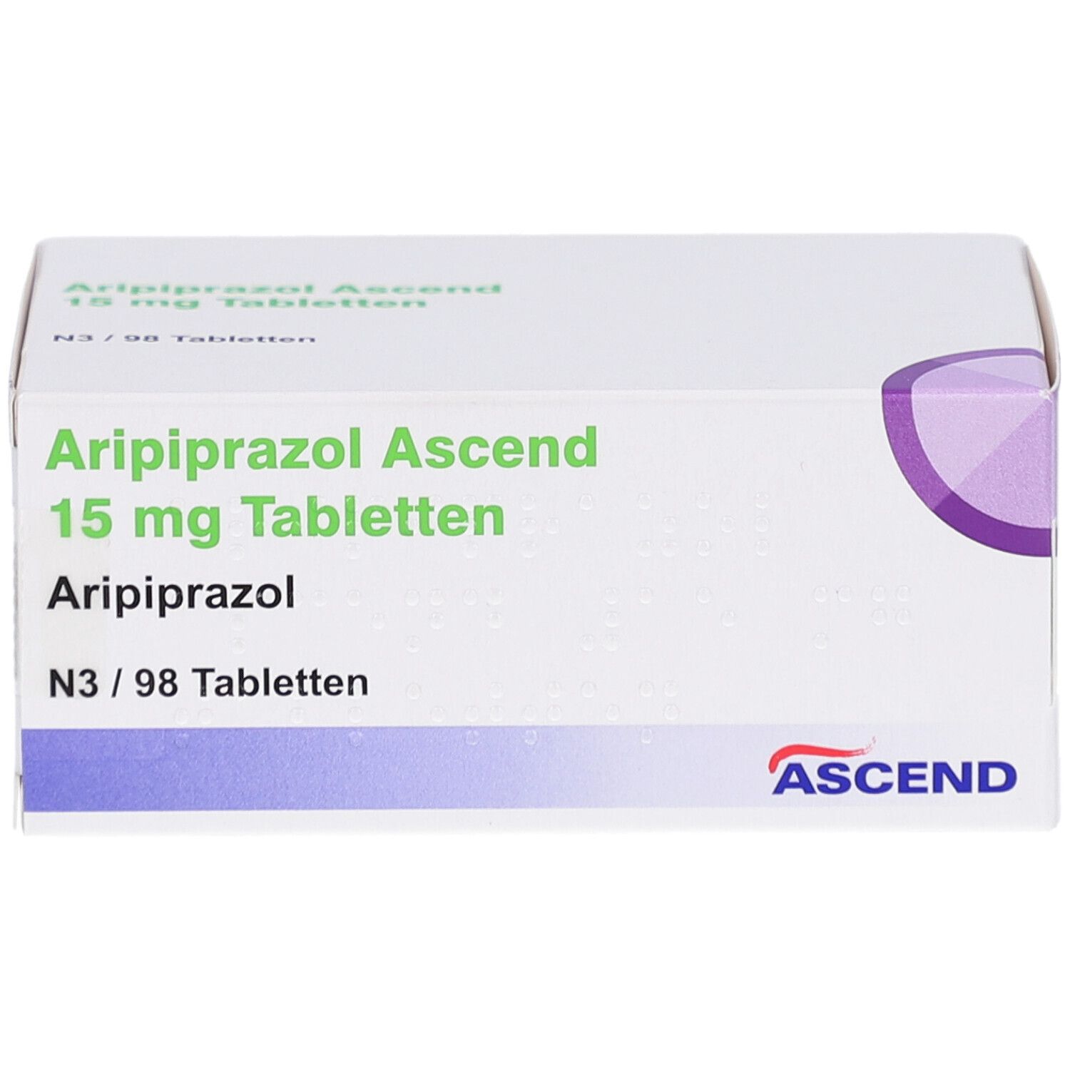 Weiße Arzneimittelverpackung. Aufschrift: Aripiprazol Ascend 15 mg Tabletten. ASCEND-Logo. Packung mit 98 Tabletten.