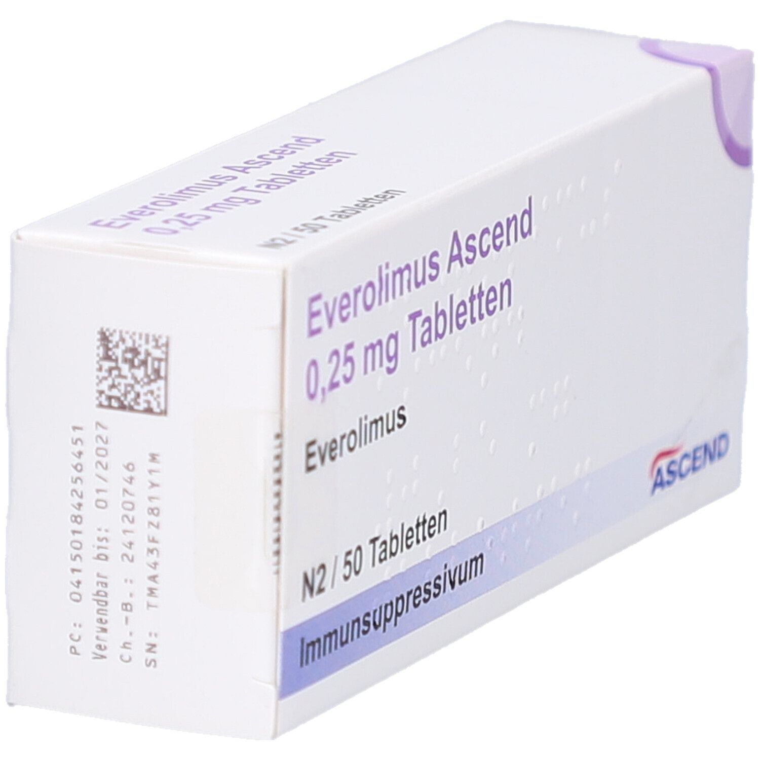 Schachtel Everolimus Ascend 0,25 mg Tabletten. Packung mit 50 Tabletten. Aufschrift: Immunsuppressivum. Marke Ascend. Mit Barcode.