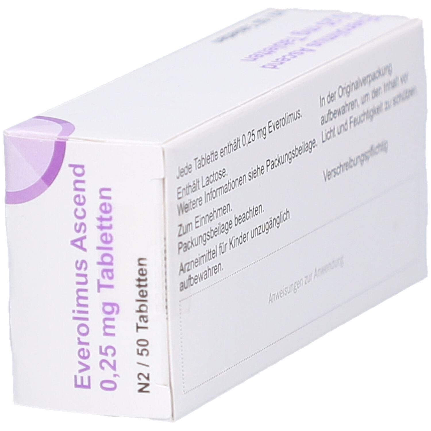 Seitenansicht der Schachtel Everolimus Ascend 0,25 mg Tabletten. Packung mit 50 Tabletten. Aufschrift: Immunsuppressivum.