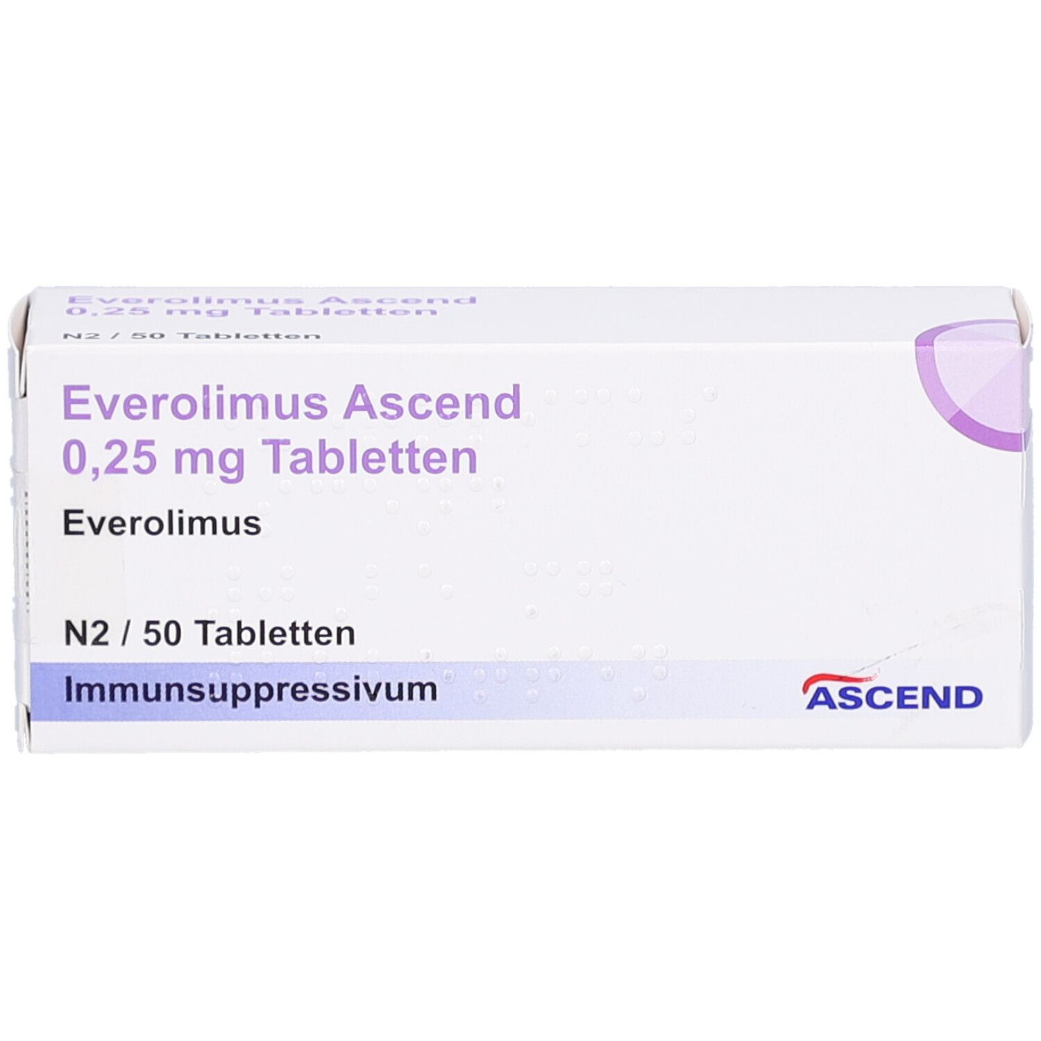 Schachtel Everolimus Ascend 0,25 mg Tabletten. Packung mit 50 Tabletten. Aufschrift: Immunsuppressivum. Marke Ascend.