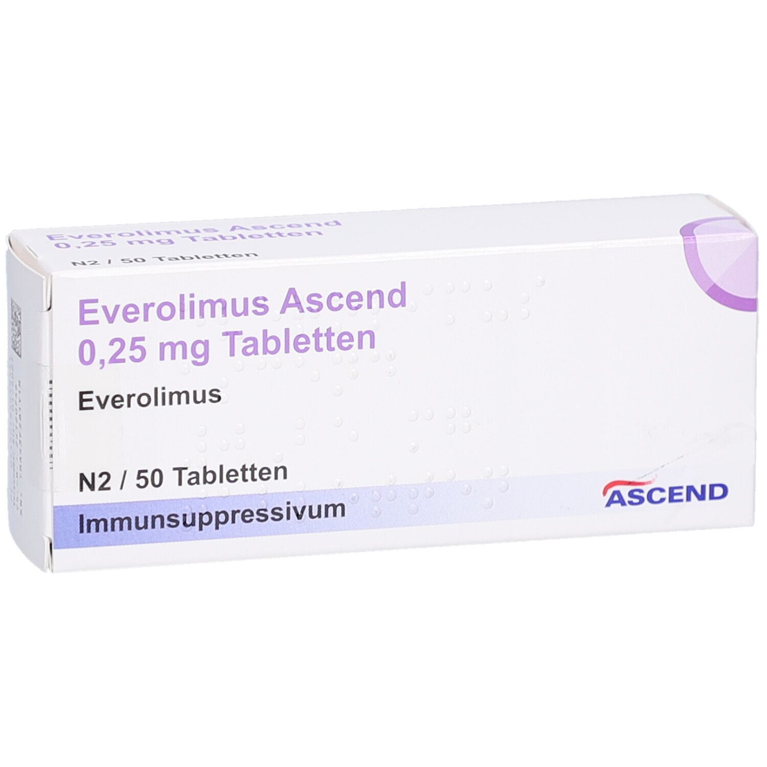 Schachtel Everolimus Ascend 0,25 mg Tabletten. Packung mit 50 Tabletten. Aufschrift: Immunsuppressivum. Marke Ascend.