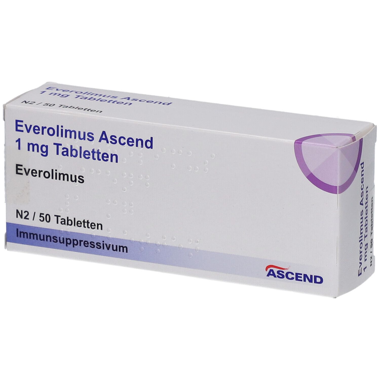 Schachtel mit EVEROLIMUS Ascend 1 mg Tabletten. Weiß, mit lila Akzenten und Aufschrift.