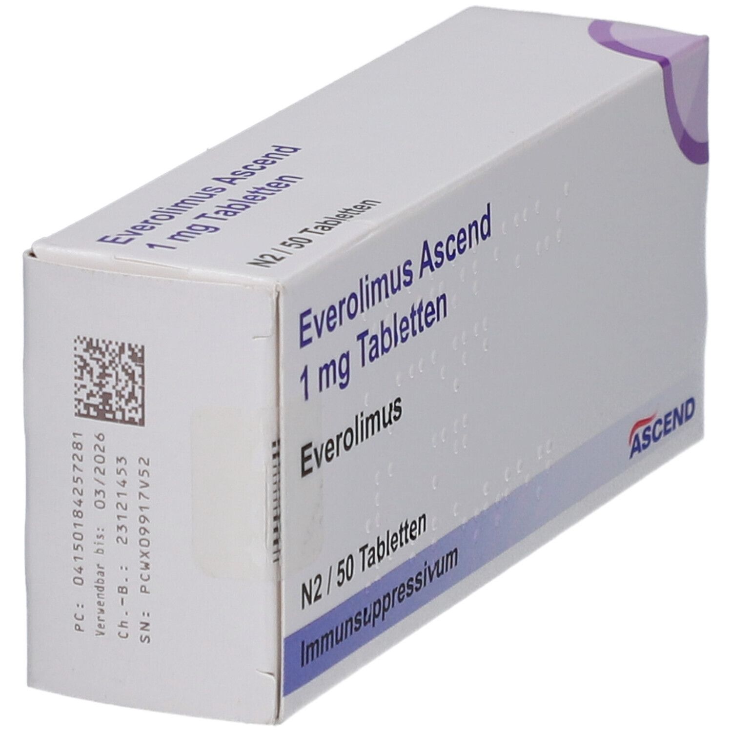 EVEROLIMUS Ascend 1 mg Tabletten-Schachtel. Weiße Verpackung mit Text und Barcode.