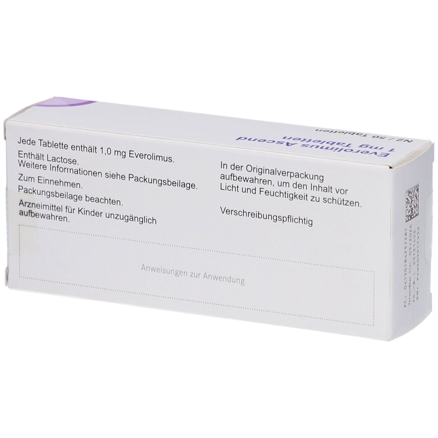 Rückseite der EVEROLIMUS Ascend 1 mg Tabletten-Schachtel. Textinformationen.