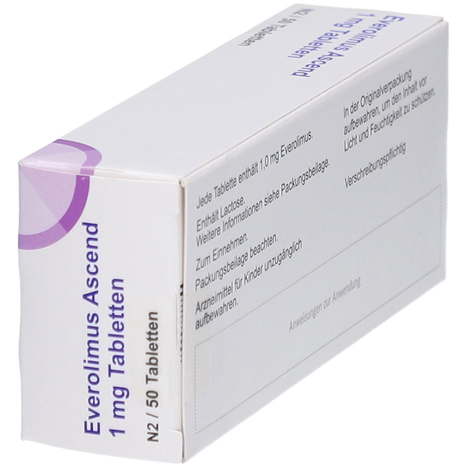 EVEROLIMUS Ascend 1 mg Tabletten-Schachtel. Weiße Verpackung, Text und lila Akzent.