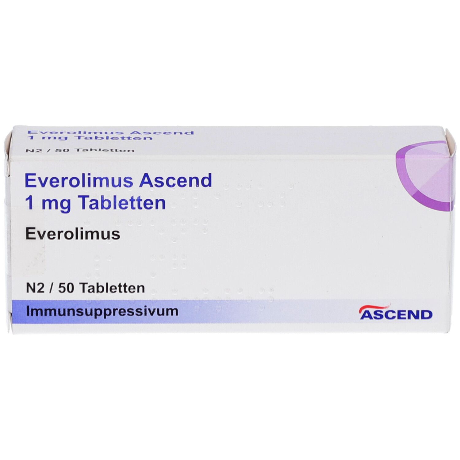 EVEROLIMUS Ascend 1 mg Tabletten-Schachtel. Weiße Verpackung, Text und Logo.