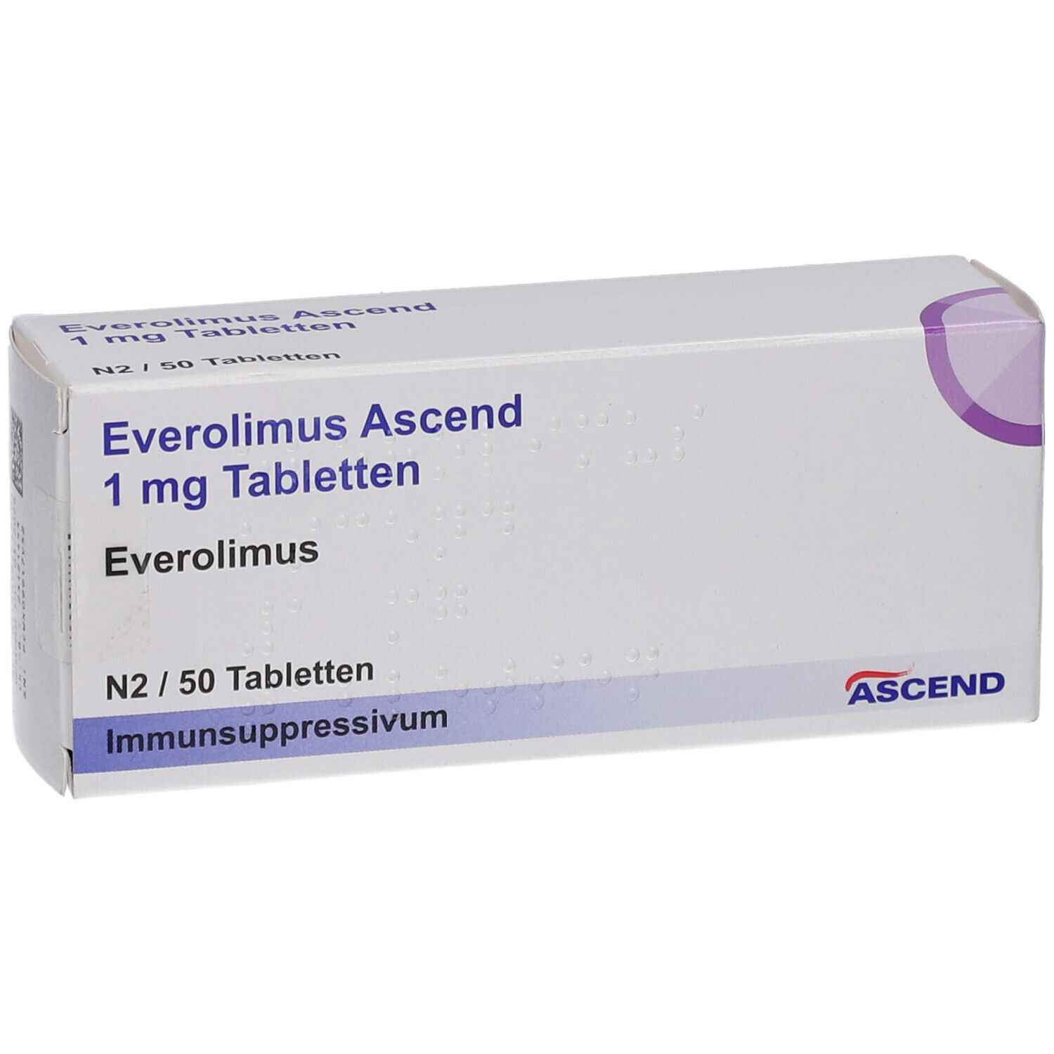 EVEROLIMUS Ascend 1 mg Tabletten-Schachtel. Weiße Verpackung, Text und Logo.