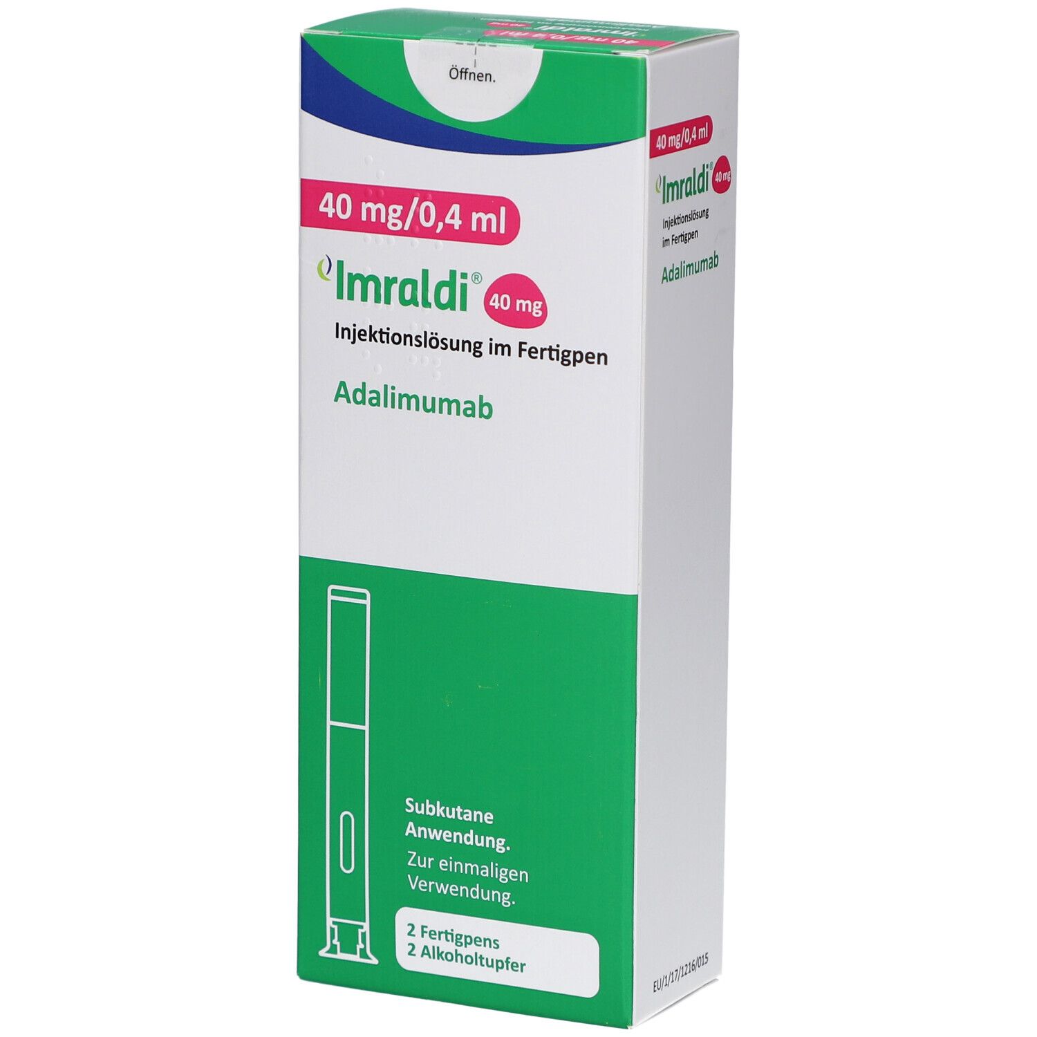Verpackung von IMRALDI 40 mg/0,4 ml Injektionslösung im Fertigpen. Enthält 2 Fertigpens und Alkoholtupfer. Grün-weißes Design.