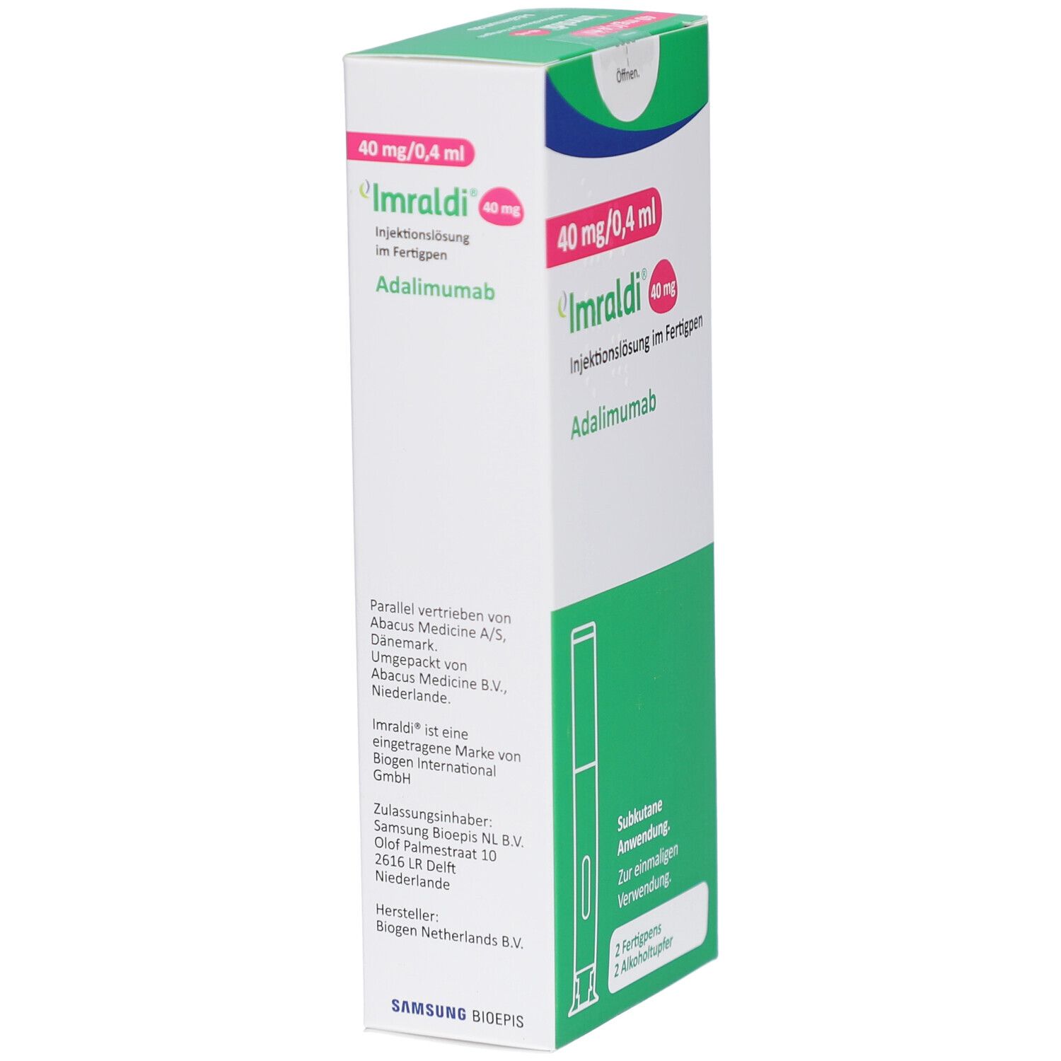 Schmale Verpackung von IMRALDI 40 mg/0,4 ml. Enthält 2 Fertigpens. Text: Adalimumab, Subkutane Anwendung. Grün-weißes Design.