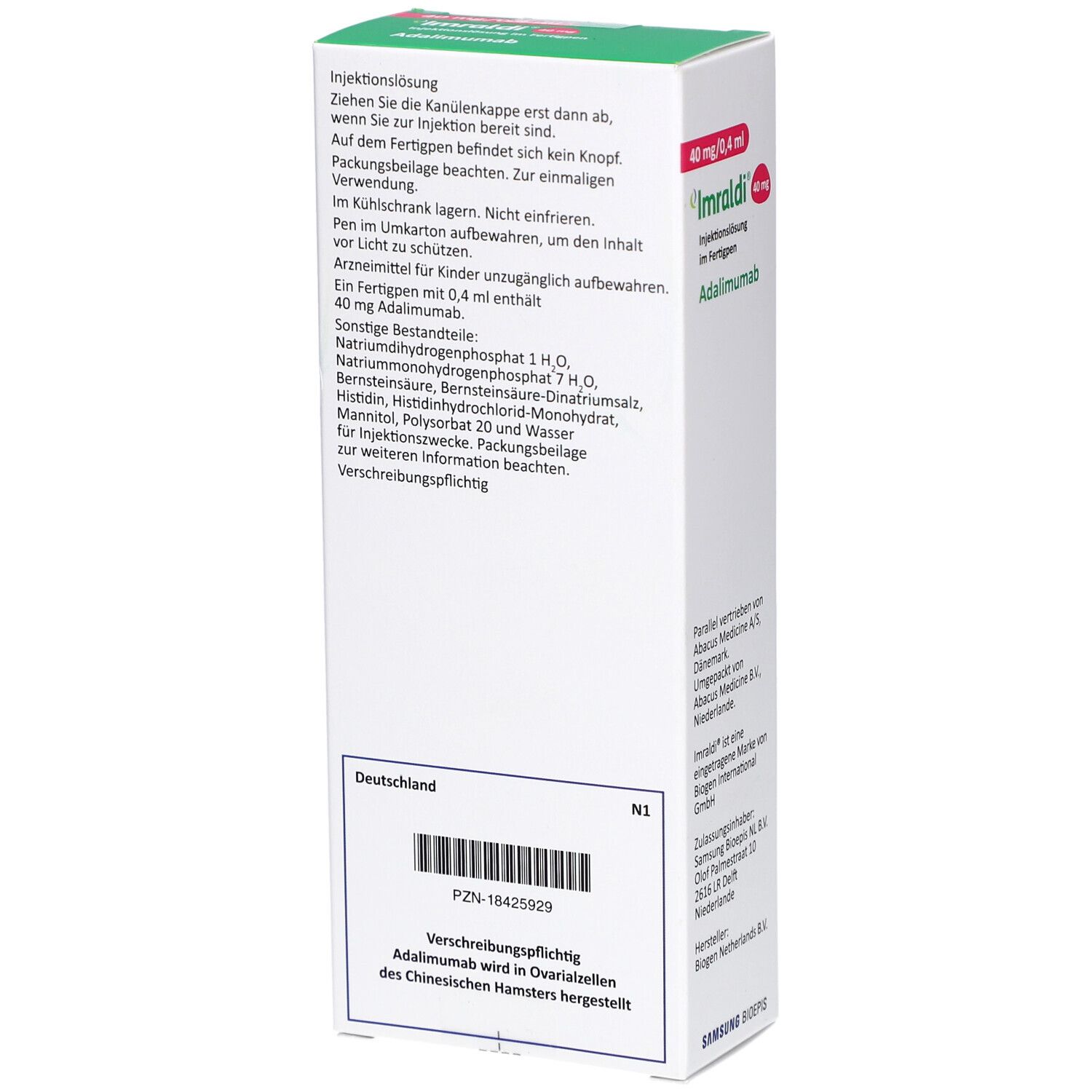 Rückseite der IMRALDI-Verpackung. Enthält Informationen zu Inhaltsstoffen, Hersteller und Chargennummer. Text in Deutsch.