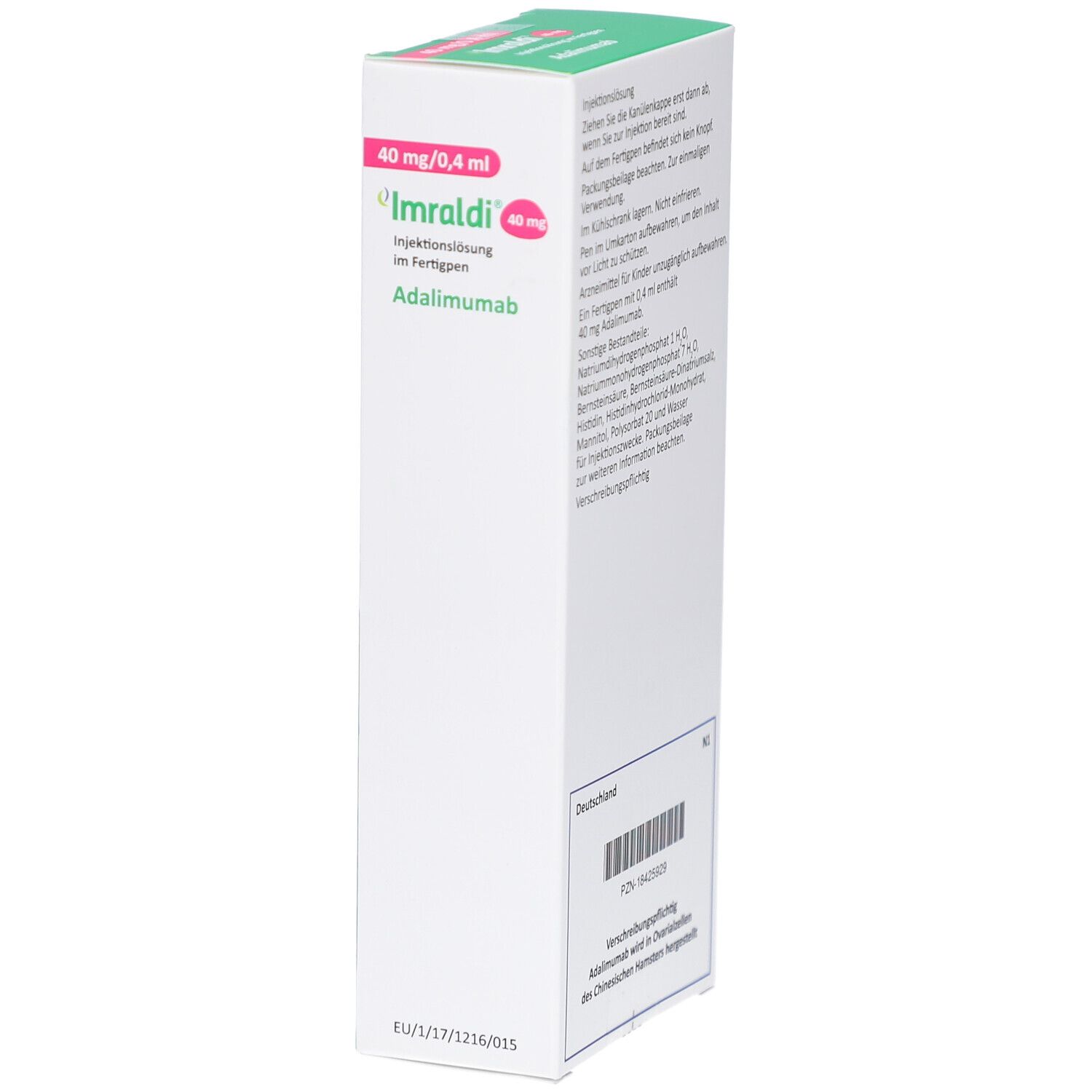 Schmale Verpackung von IMRALDI 40 mg/0,4 ml. Enthält Informationen zur Anwendung. Grün-weißes Design. Text in Deutsch.