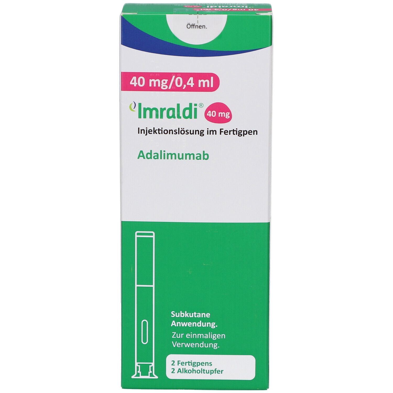 Verpackung von IMRALDI 40 mg/0,4 ml Injektionslösung im Fertigpen. Enthält 2 Fertigpens und Alkoholtupfer. Grün-weißes Design.