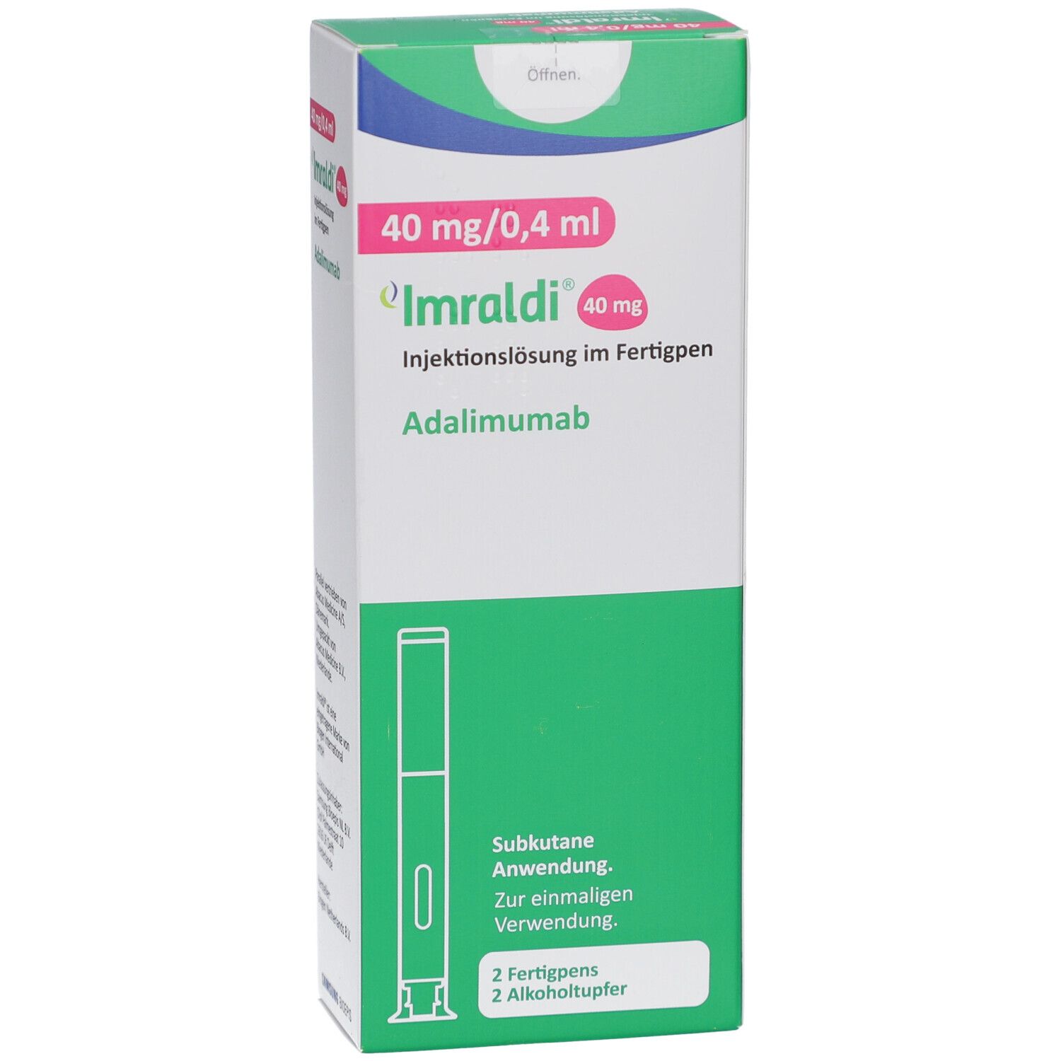 Verpackung von IMRALDI 40 mg/0,4 ml Injektionslösung im Fertigpen. Enthält 2 Fertigpens und Alkoholtupfer. Grün-weißes Design.