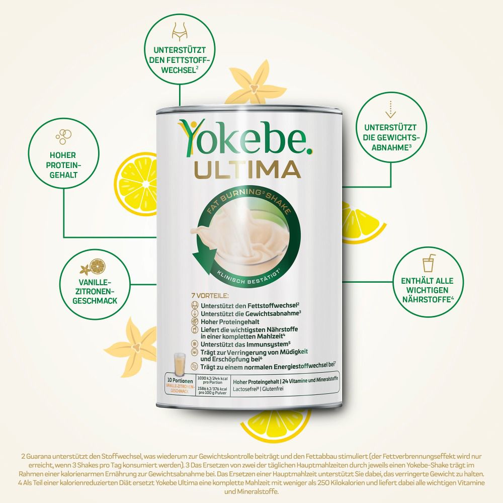 Dose Yokebe® ULTIMA. Zitronen, Vanilleblüten. Text: Hoher Proteingehalt, unterstützt Fettstoffwechsel, Gewichtsabnahme.