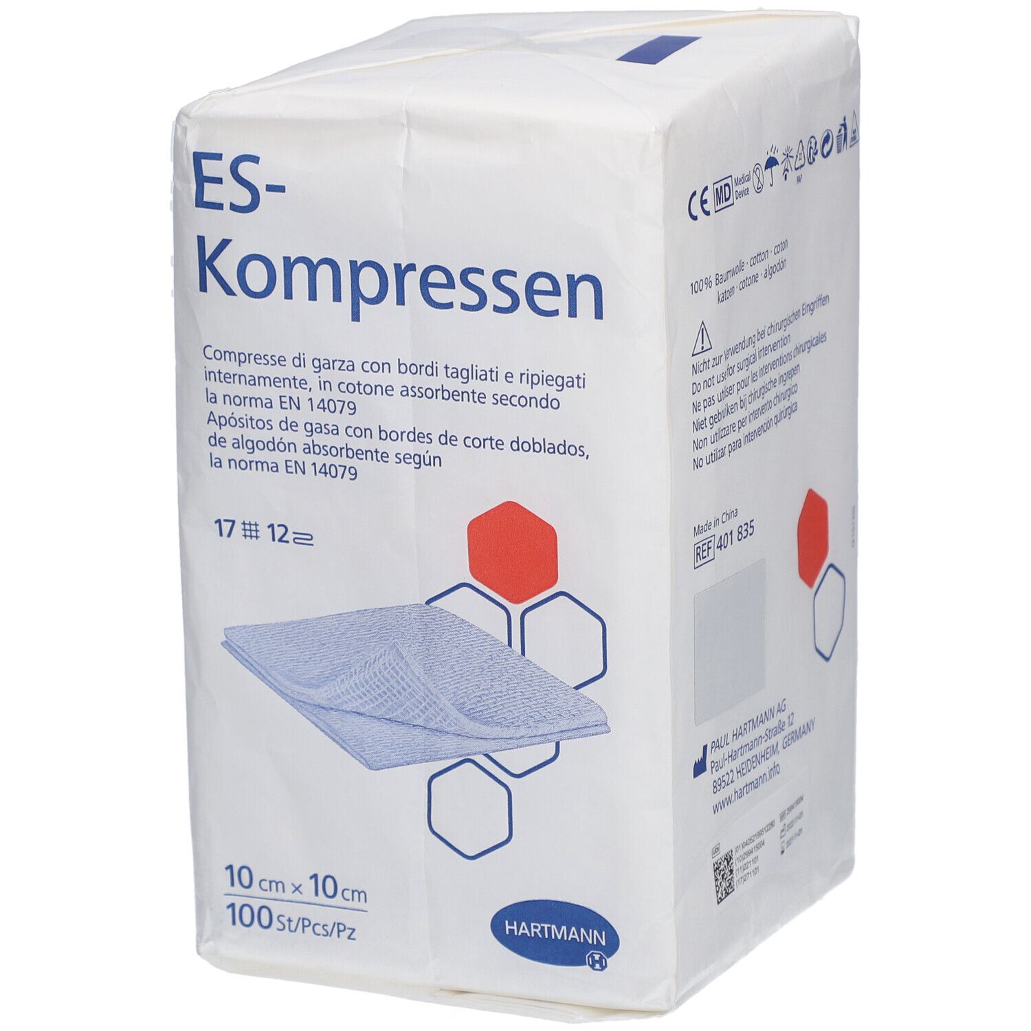 Verpackung mit ES-Kompressen. 10 x 10 cm, 100 Stück. Marke Hartmann. Text in Deutsch, Italienisch und Spanisch.