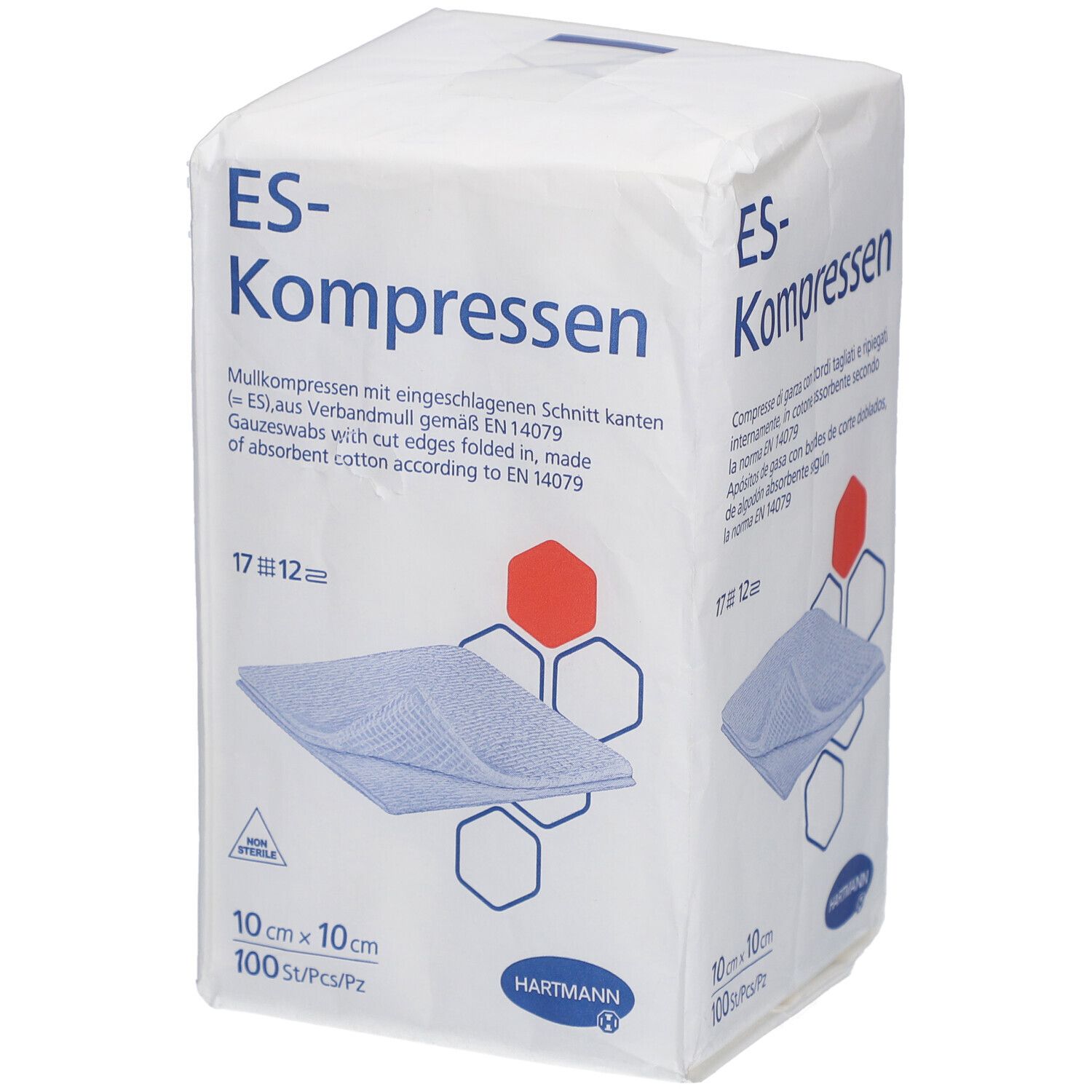 Verpackung mit ES-Kompressen. 10 x 10 cm, 100 Stück. Marke Hartmann. Text in Deutsch, Italienisch, Spanisch und Englisch.