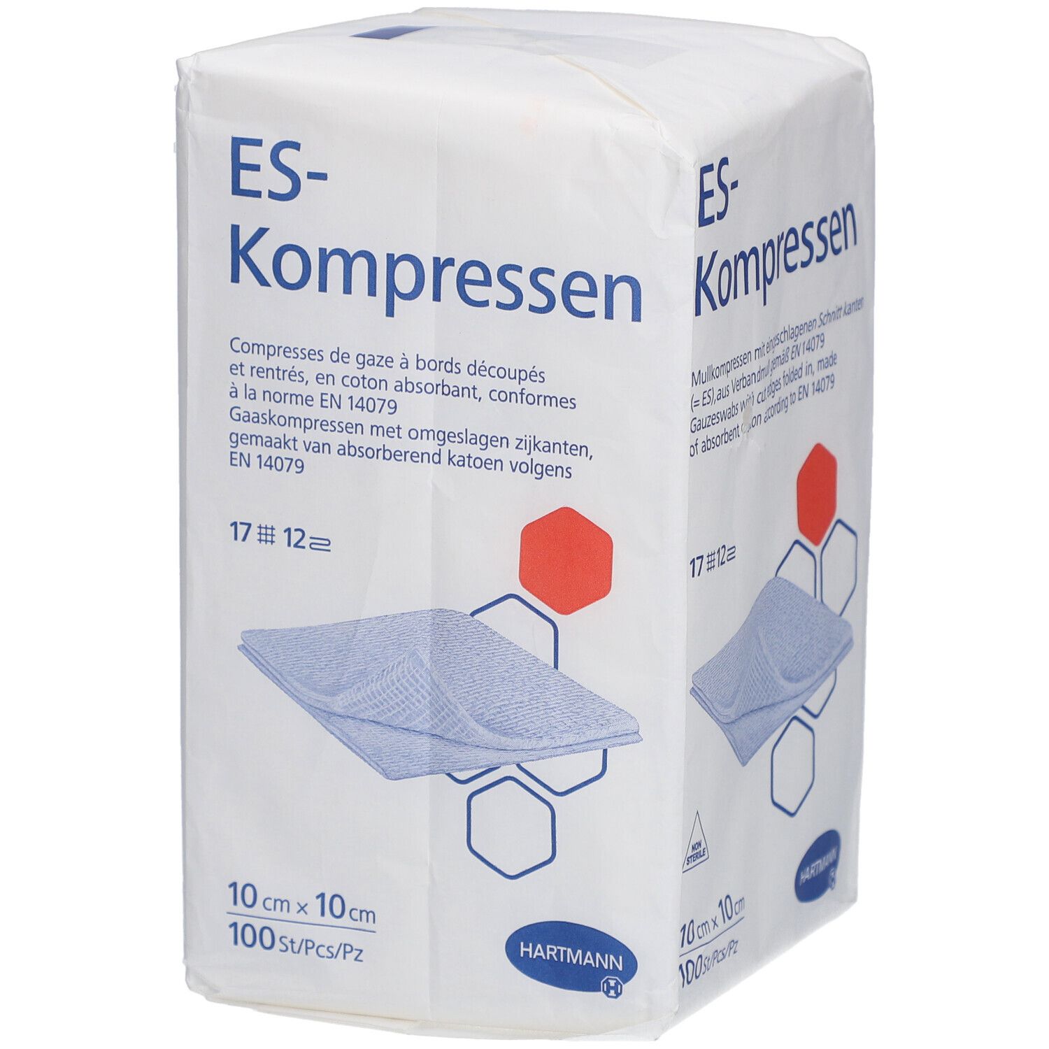 Verpackung mit ES-Kompressen. 10 x 10 cm, 100 Stück. Marke Hartmann. Text in Deutsch, Italienisch, Spanisch und Englisch.