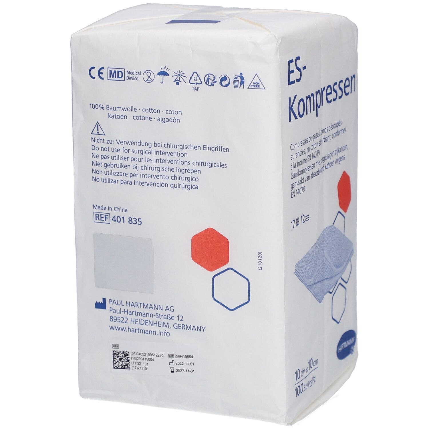 Verpackung mit ES-Kompressen. 10 x 10 cm, 100 Stück. Marke Hartmann. Text in Deutsch, Italienisch, Spanisch und Englisch. CE-Kennzeichnung.