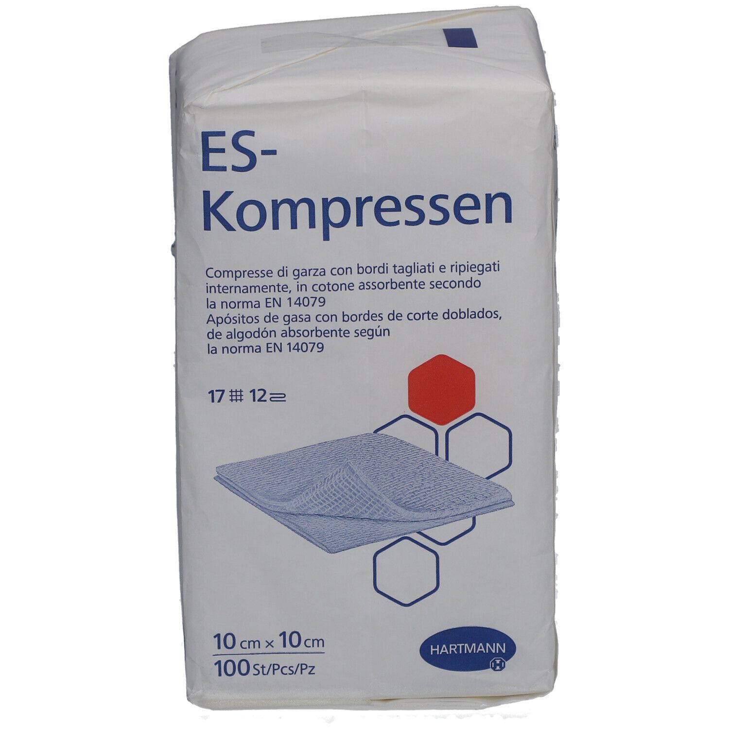 Verpackung mit ES-Kompressen. 10 x 10 cm, 100 Stück. Marke Hartmann. Text in Deutsch, Italienisch und Spanisch.