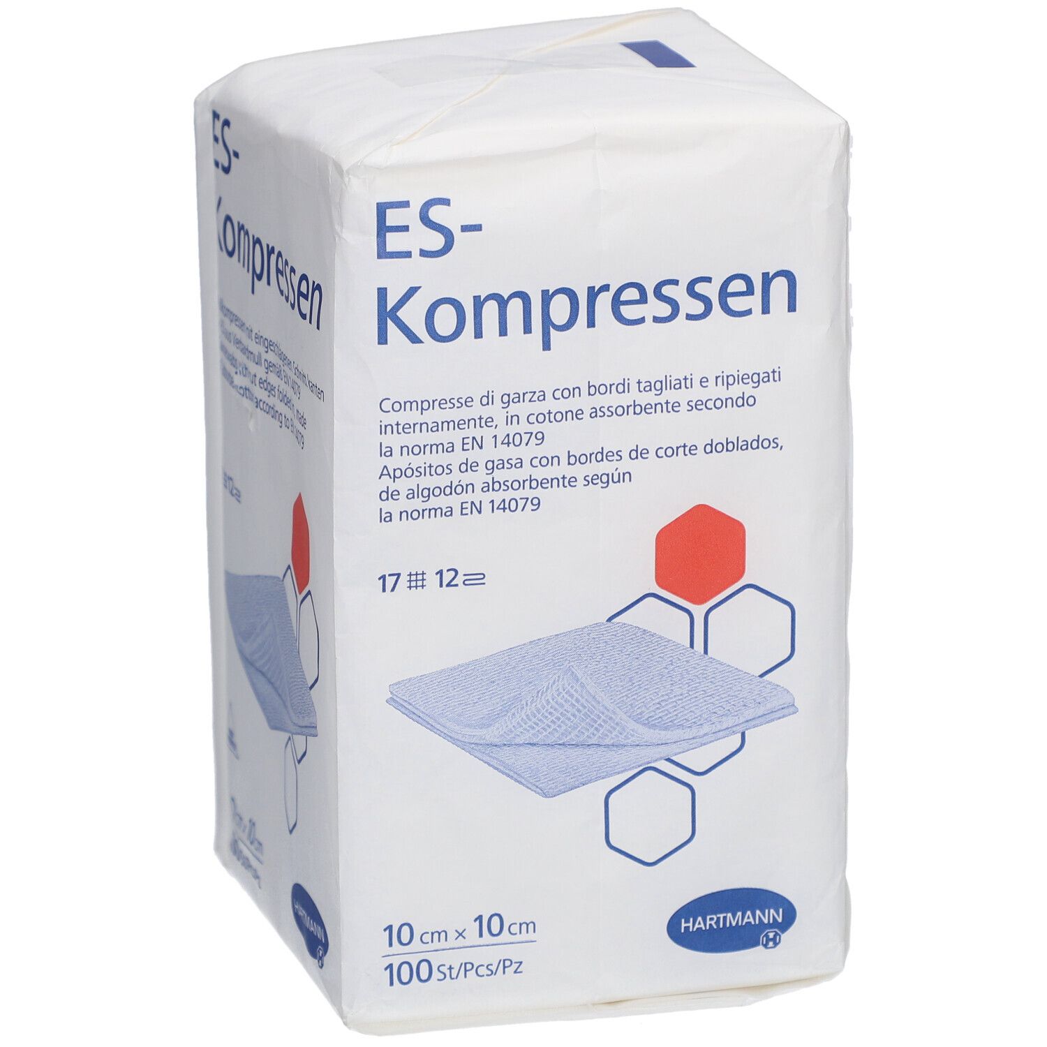 Verpackung mit ES-Kompressen. 10 x 10 cm, 100 Stück. Marke Hartmann. Text in Deutsch, Italienisch und Spanisch.