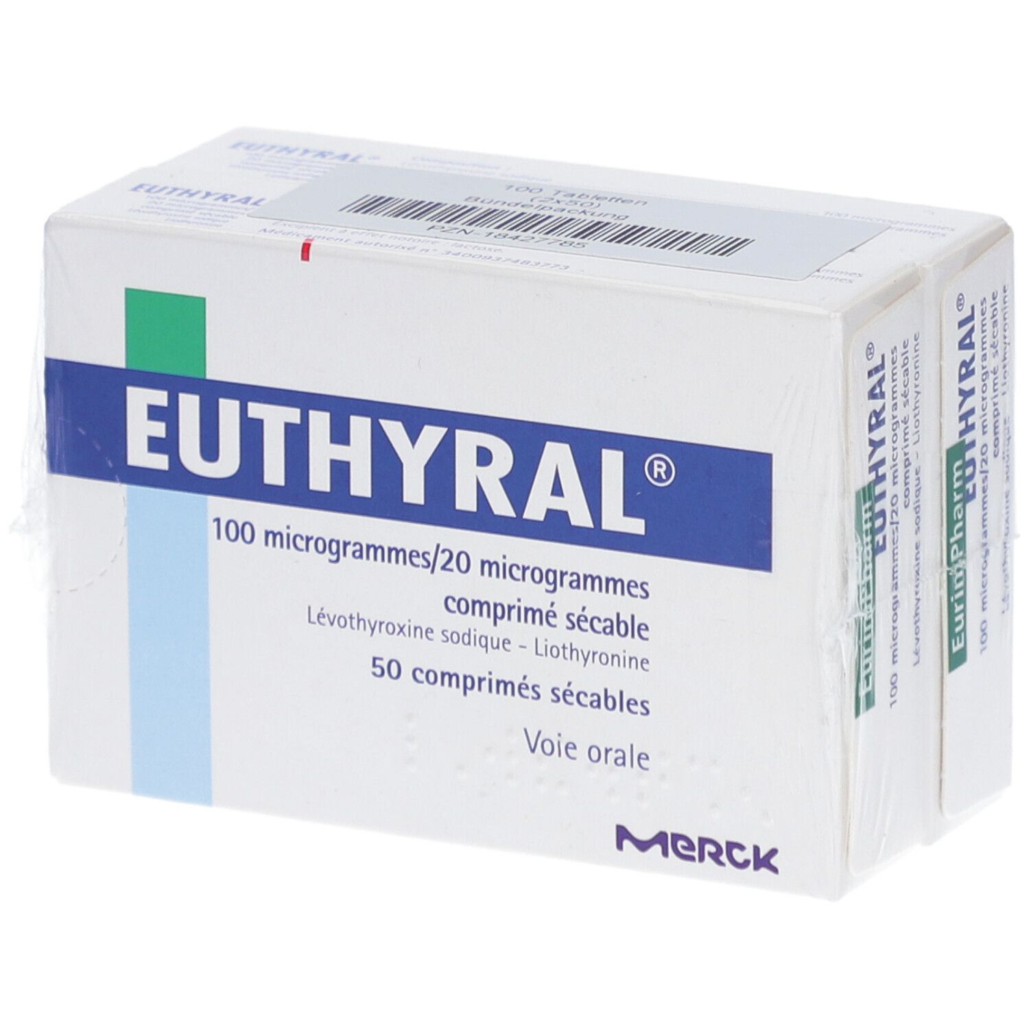 Verpackung von Euthyral Tabletten. Blaue und weiße Schachtel mit Produktinformationen und Merck-Logo.
