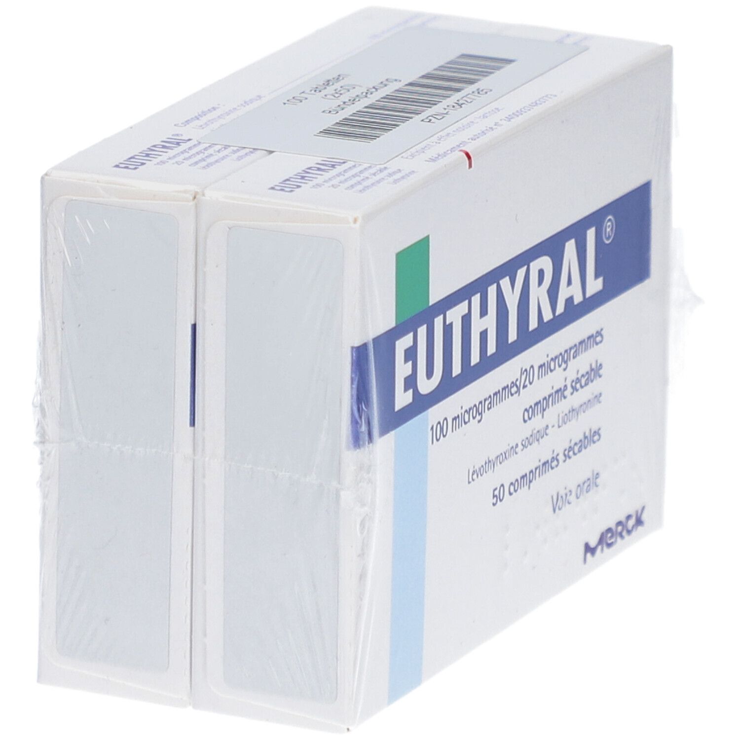 Euthyral Tablettenverpackung, seitliche Ansicht. Weiße Schachtel mit blauen Akzenten und Produktnamen.