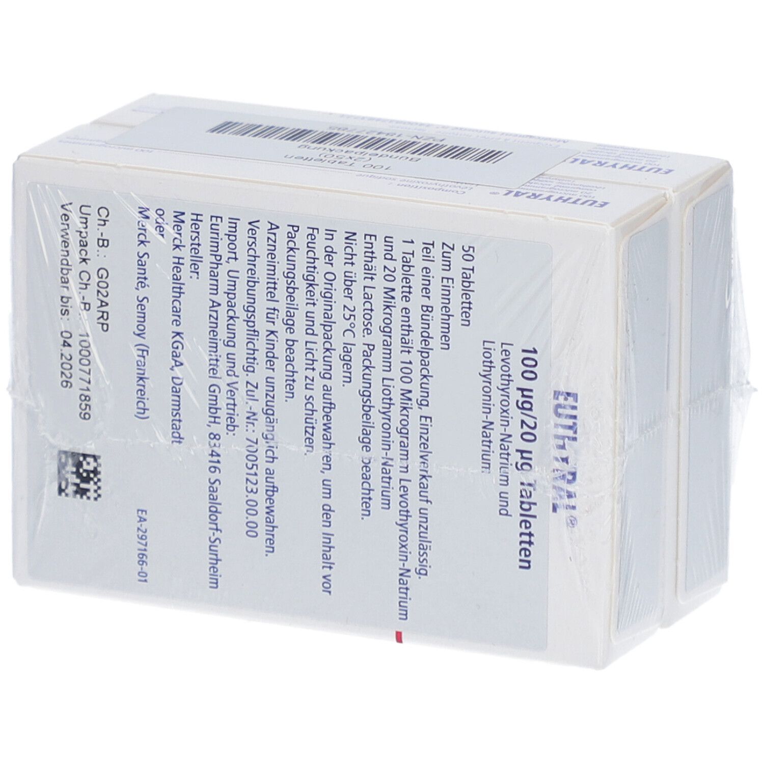 Rückseite der Euthyral Tablettenverpackung. Enthält Informationen wie Dosierung, Hersteller und Verfallsdatum.