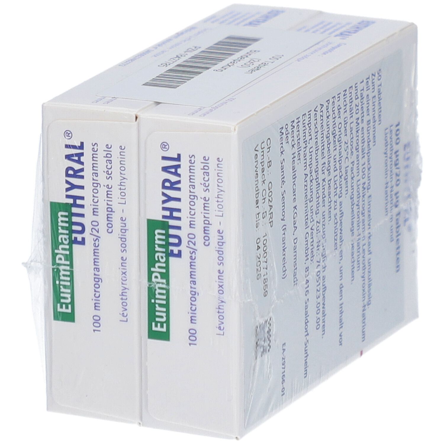 Zwei Euthyral Tablettenverpackungen nebeneinander. Produktname und Dosierung deutlich sichtbar.
