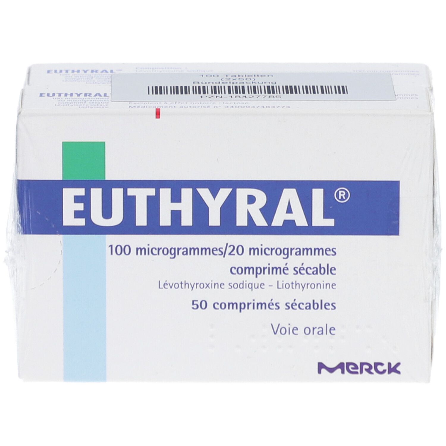 Euthyral Tablettenverpackung. Weiße Schachtel mit blauem Streifen und Produktinformationen.