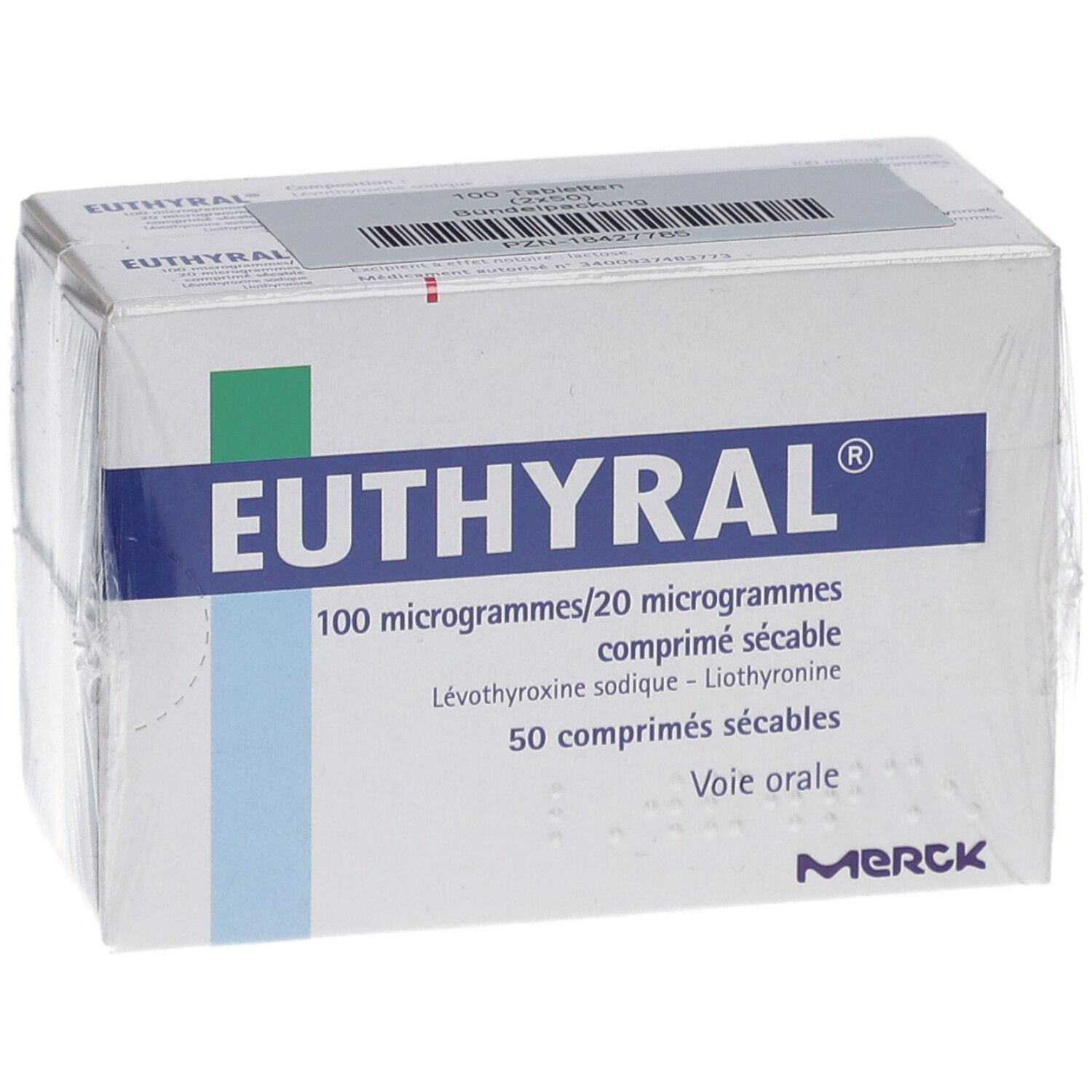 Euthyral Tablettenverpackung. Weiße Schachtel mit blauen und grünen Akzenten, Produktinformationen.