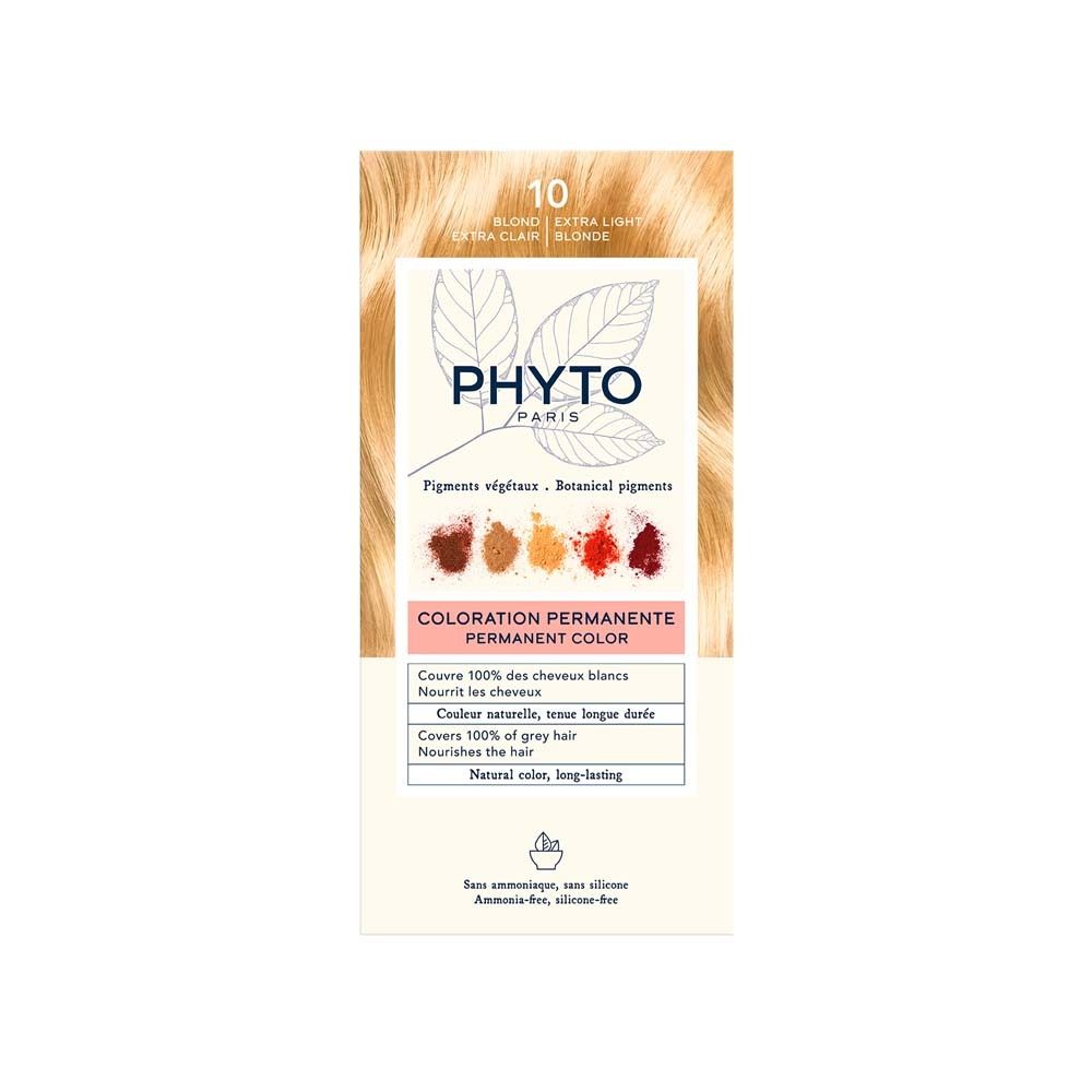 PHYTO PARIS Haarfarbe. Farbton 10, Extra Helles Blond. Verpackung mit Produktinformationen und Illustrationen.