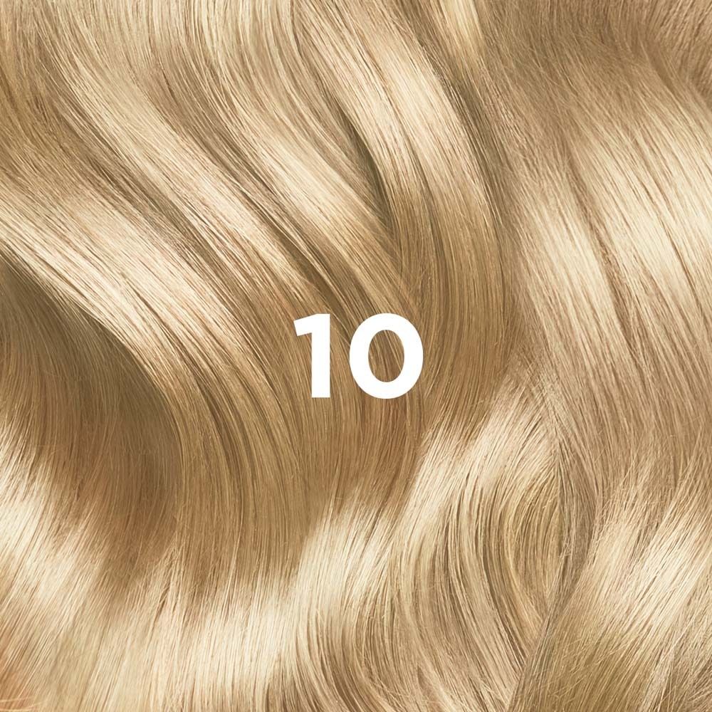 Haarsträhne in hellem Blond, Farbton 10. Textur und Farbe des gefärbten Haares.