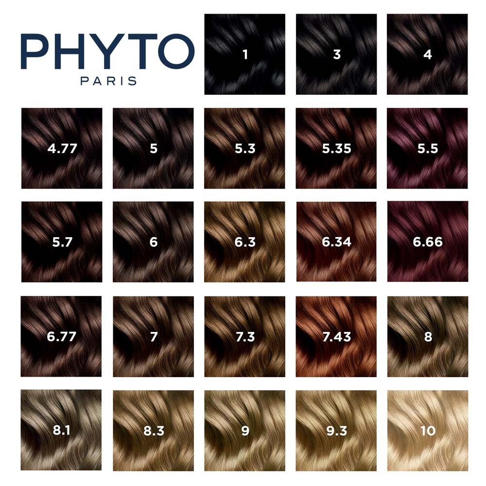 PHYTO PARIS Haarfarben-Palette. Verschiedene Farbtöne, von Schwarz bis Blond.