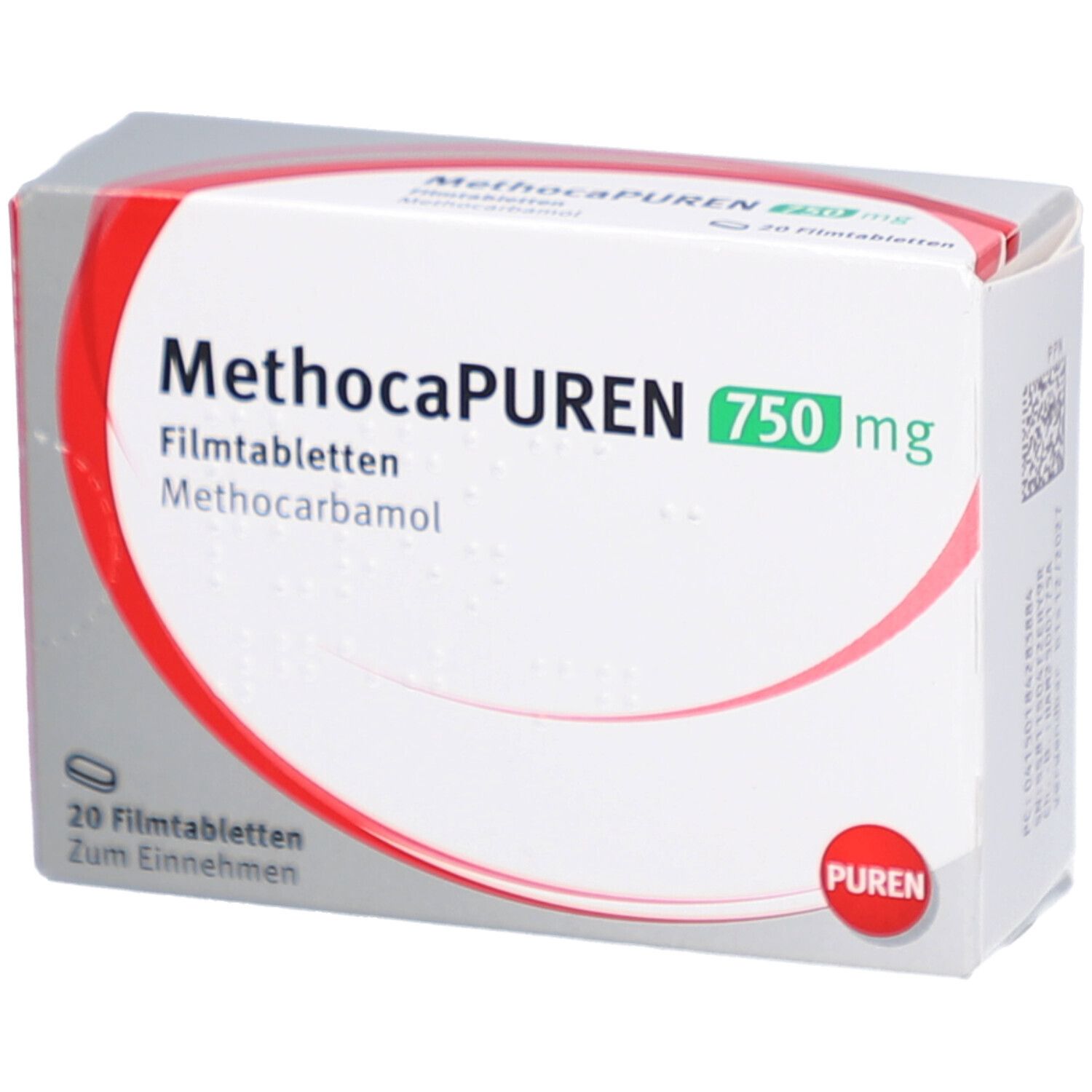 Schachtel mit METHOCAPUREN 750 mg Filmtabletten. Weiß, mit rotem und grünem Schriftzug. 20 Tabletten.