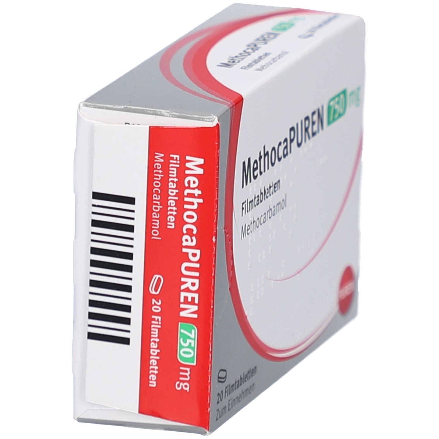 Schachtel METHOCAPUREN 750 mg, Seitenansicht. Weiß, roter Streifen mit Text. Barcode auf der Seite.