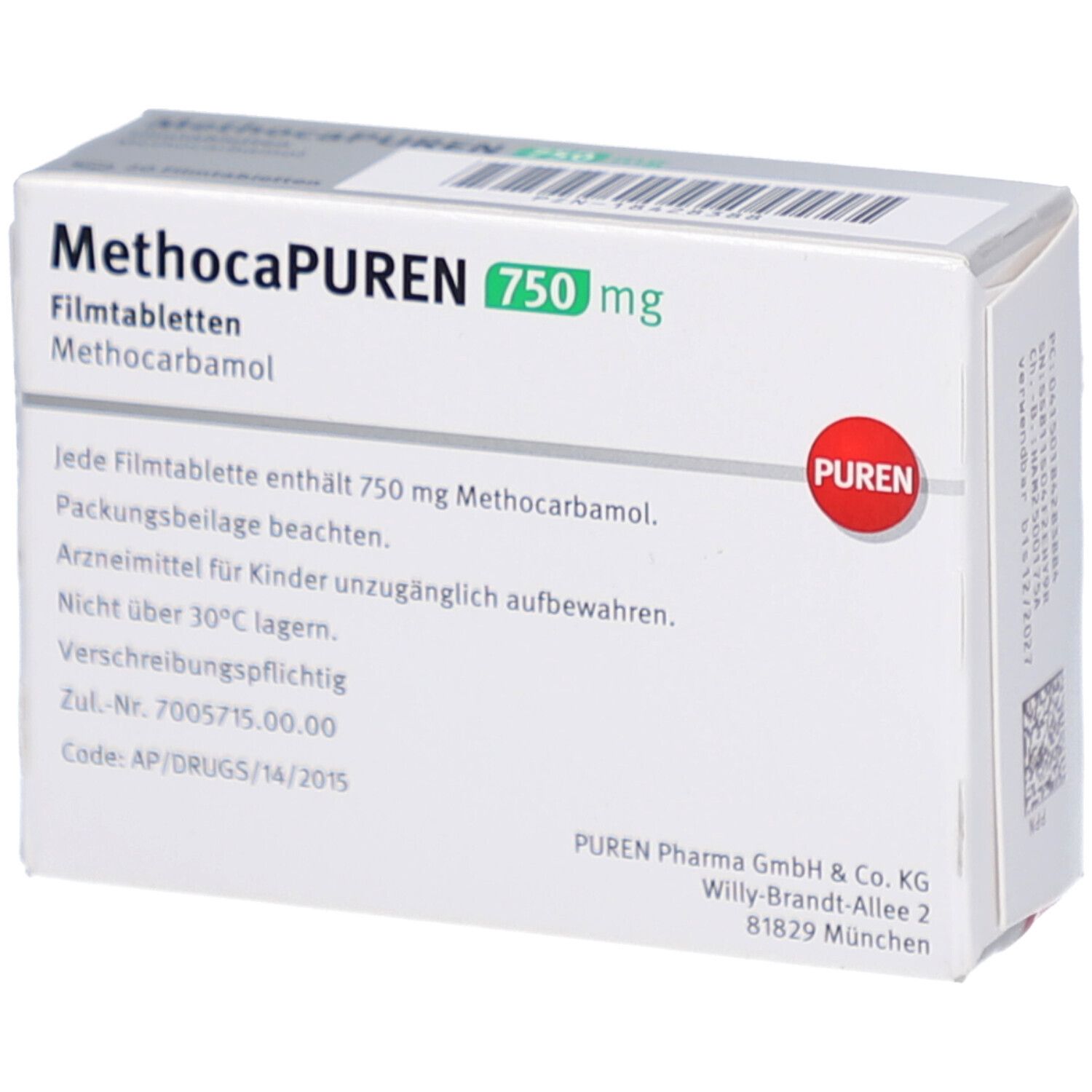 Schachtel METHOCAPUREN 750 mg. Weiß, mit Text und grünem Schriftzug. PUREN Logo. Beipackzettel.