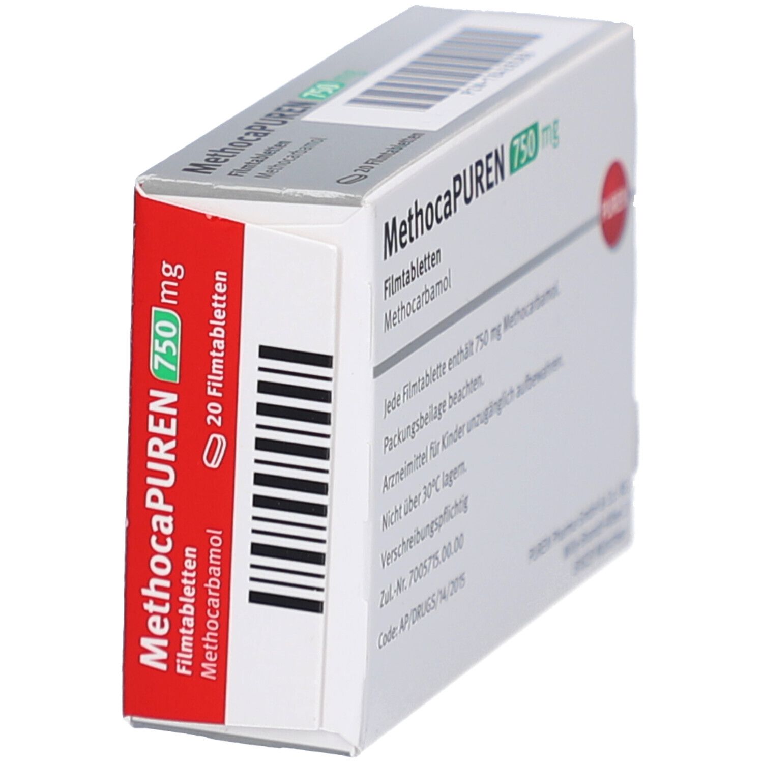 Schachtel METHOCAPUREN 750 mg, Seitenansicht. Weiß, roter Streifen mit Text. Barcode und PUREN Logo.
