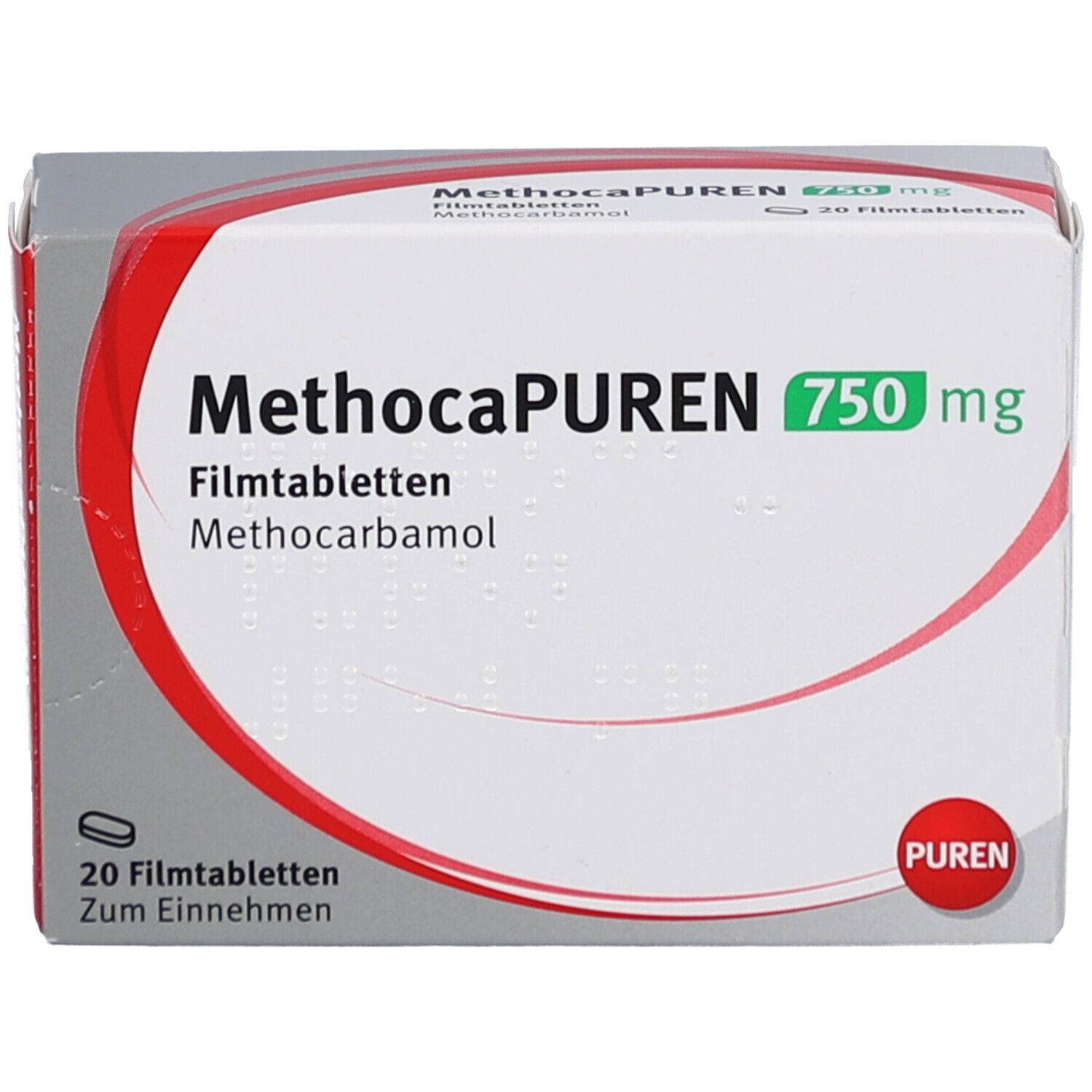 Schachtel METHOCAPUREN 750 mg Filmtabletten. Weiß, roter und grüner Schriftzug. 20 Tabletten.