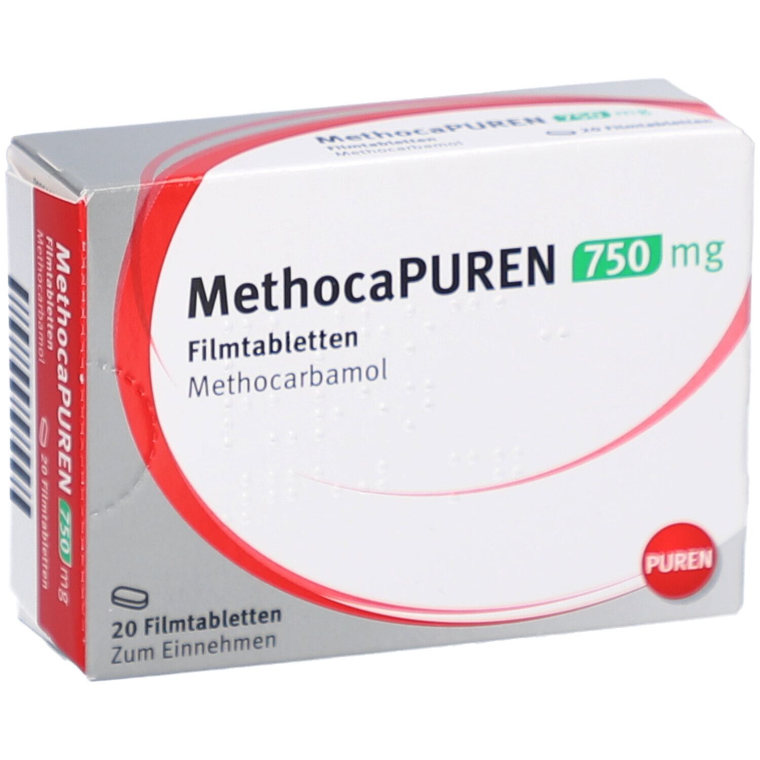 Schachtel METHOCAPUREN 750 mg, Seitenansicht. Weiß, roter Streifen mit Text. PUREN Logo.