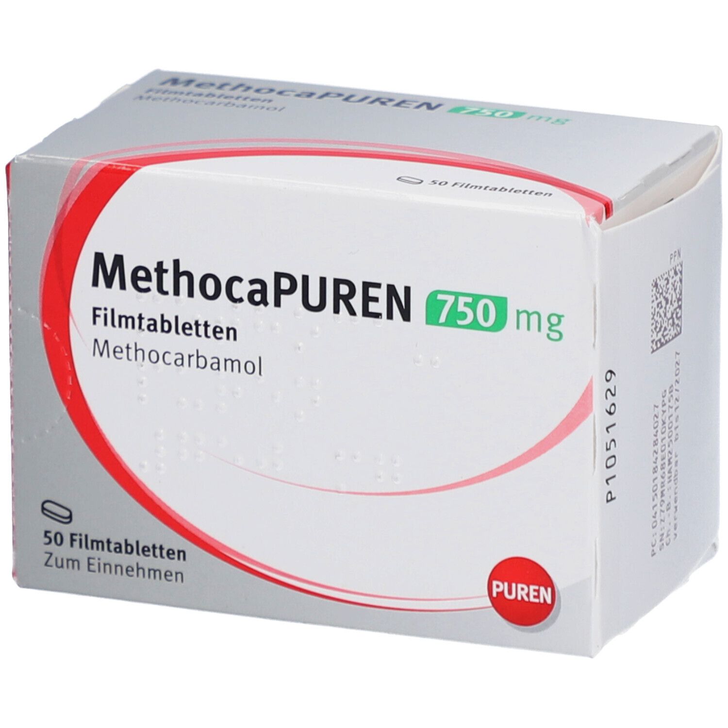 Schachtel mit METHOCAPUREN 750 mg Filmtabletten. 50 Tabletten. PUREN Logo. Grüne Schrift.