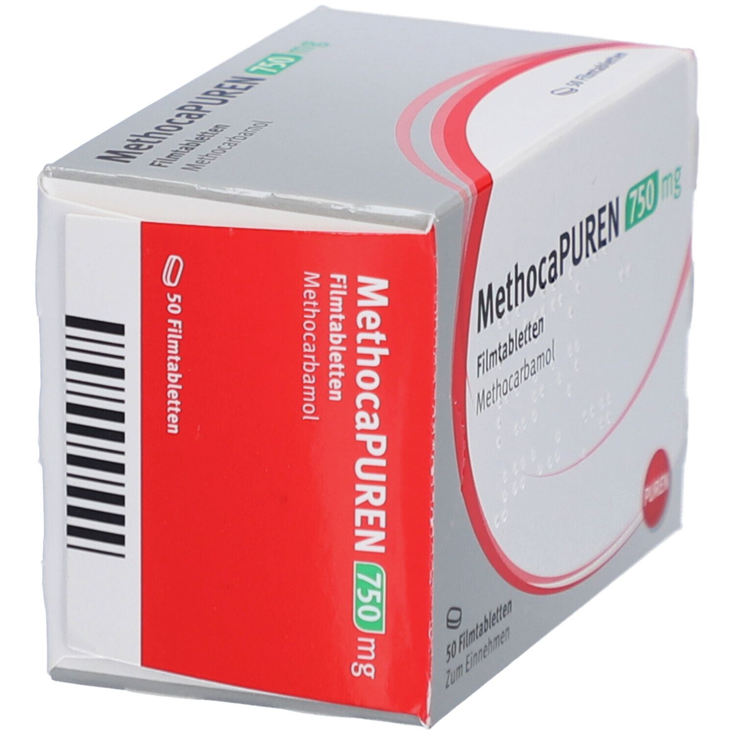 Schachtel METHOCAPUREN 750 mg Filmtabletten. Rote Seite mit Produktinformationen. PUREN Logo. Barcode.