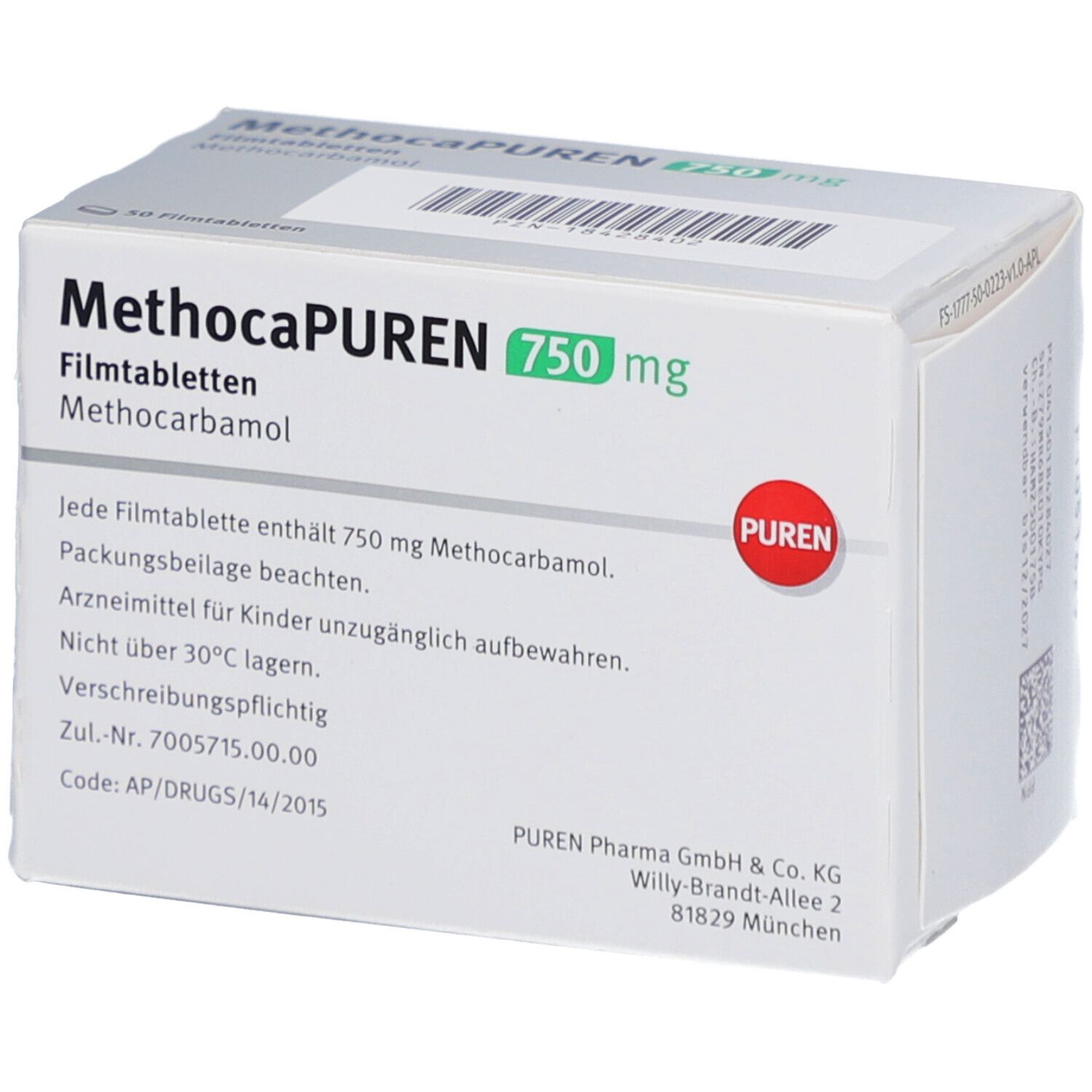 Schachtel METHOCAPUREN 750 mg Filmtabletten. Produktinformationen. PUREN Logo. Text in Deutsch.