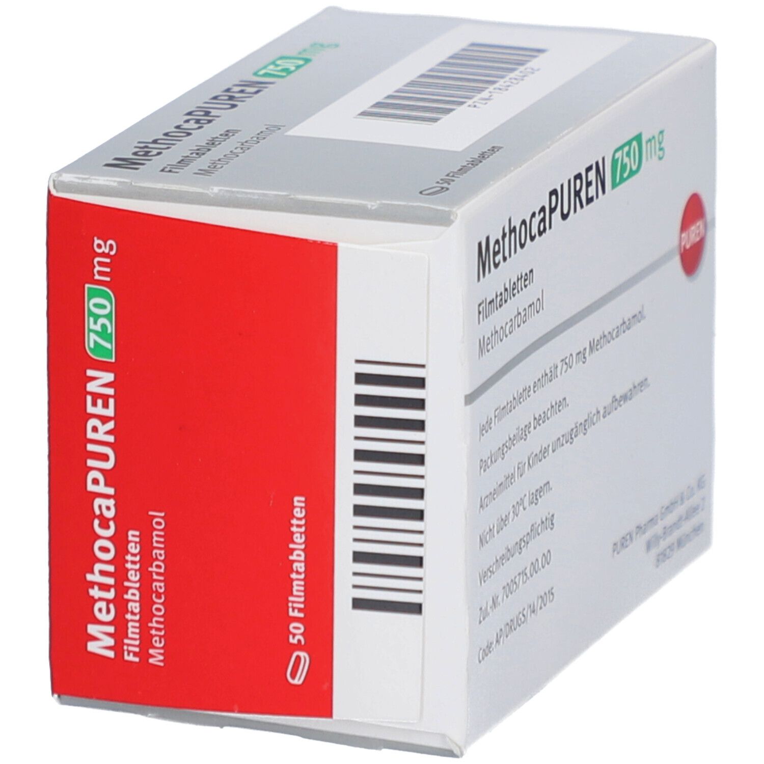 Schachtel METHOCAPUREN 750 mg Filmtabletten. Rote Seite mit Produktinformationen. PUREN Logo. Barcode.