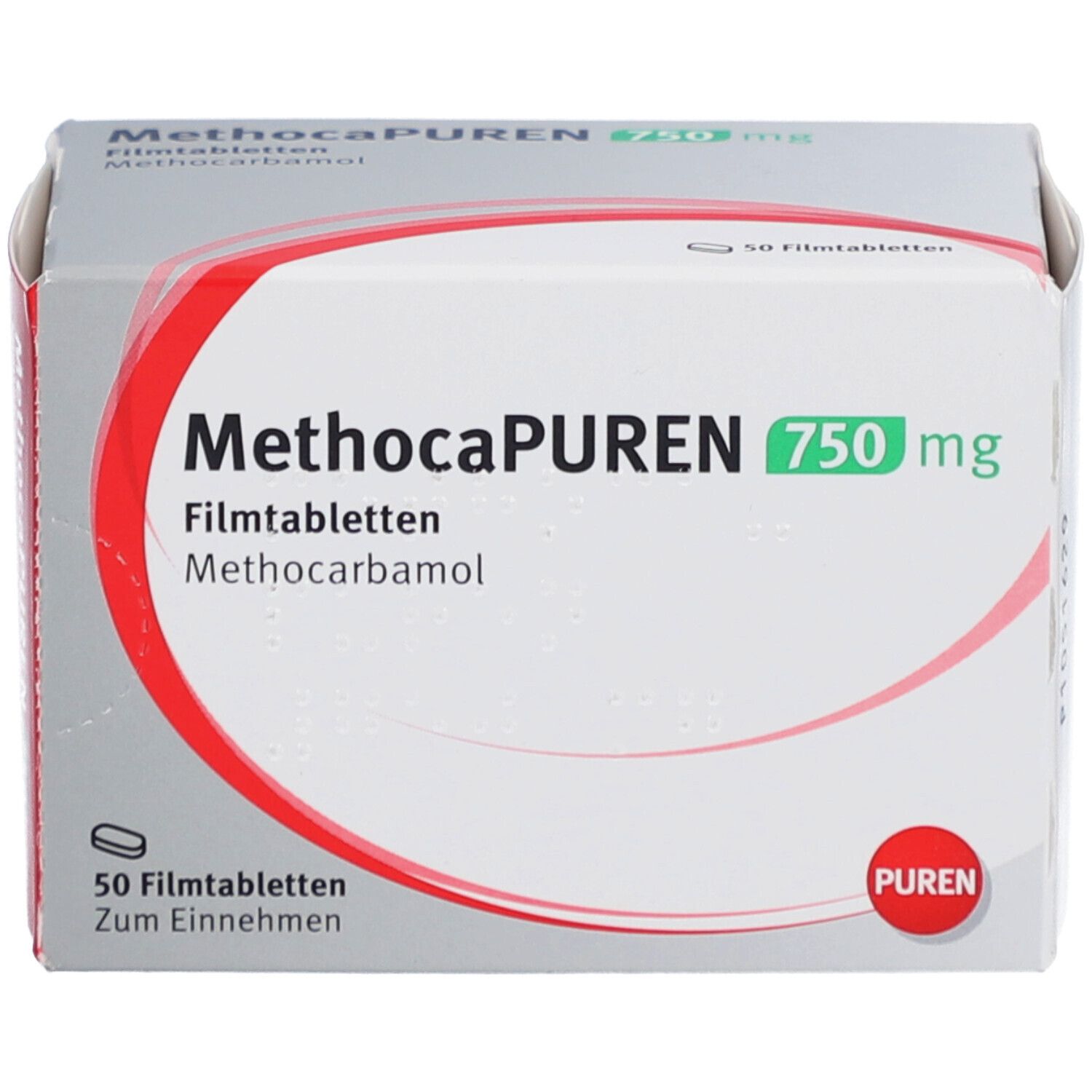 Schachtel METHOCAPUREN 750 mg Filmtabletten. 50 Tabletten. PUREN Logo. Grüne Schrift.
