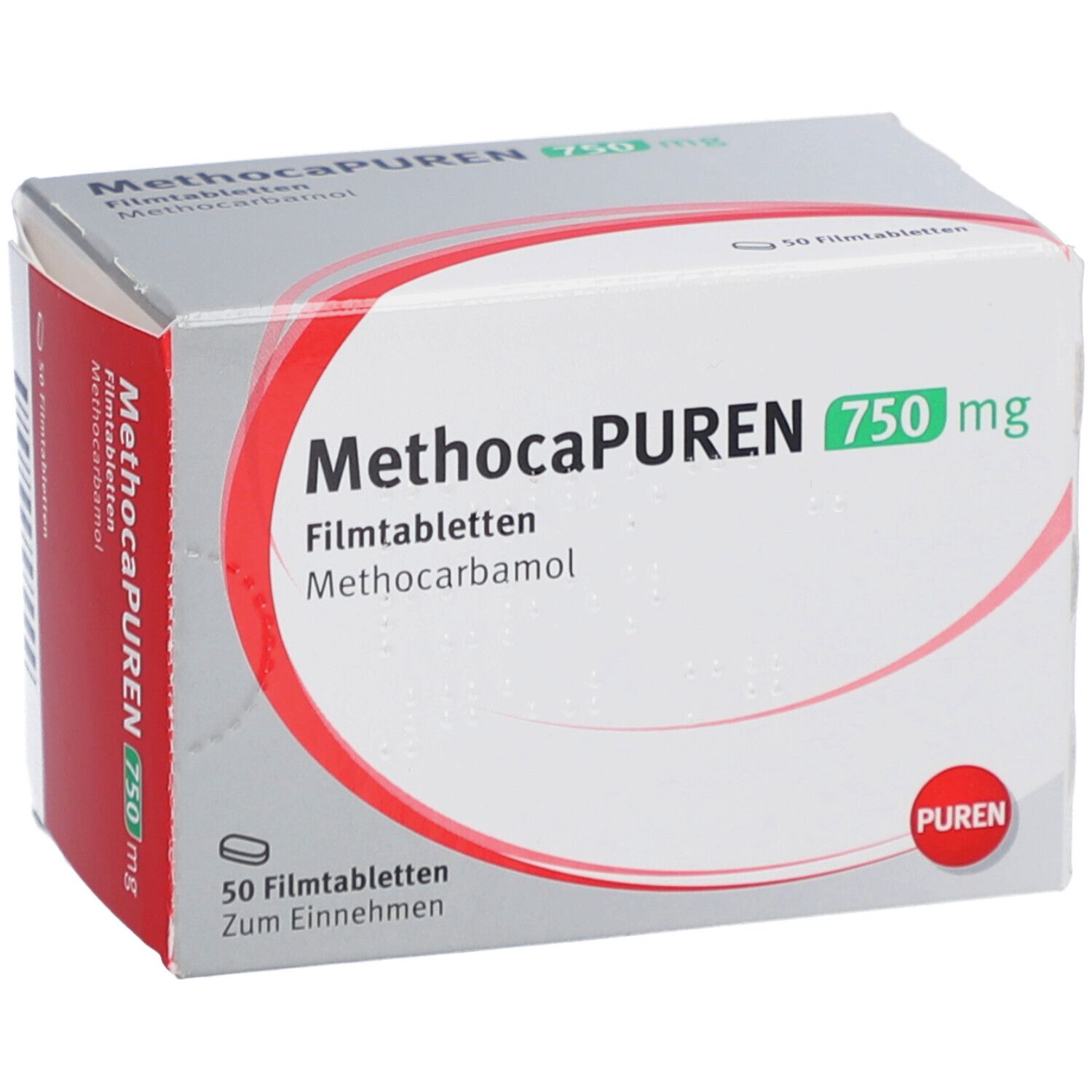 Schachtel METHOCAPUREN 750 mg Filmtabletten. Rote Seite mit Produktinformationen. PUREN Logo.