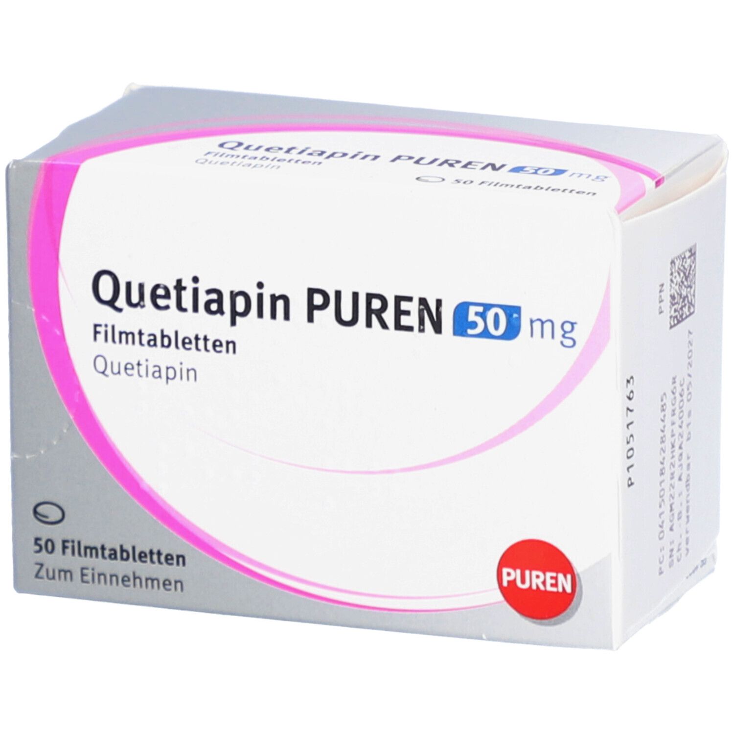 Schachtel mit QUETIAPIN PUREN 50 mg Filmtabletten. Aufdruck: Name, Dosierung, Anzahl Tabletten, PUREN-Logo.