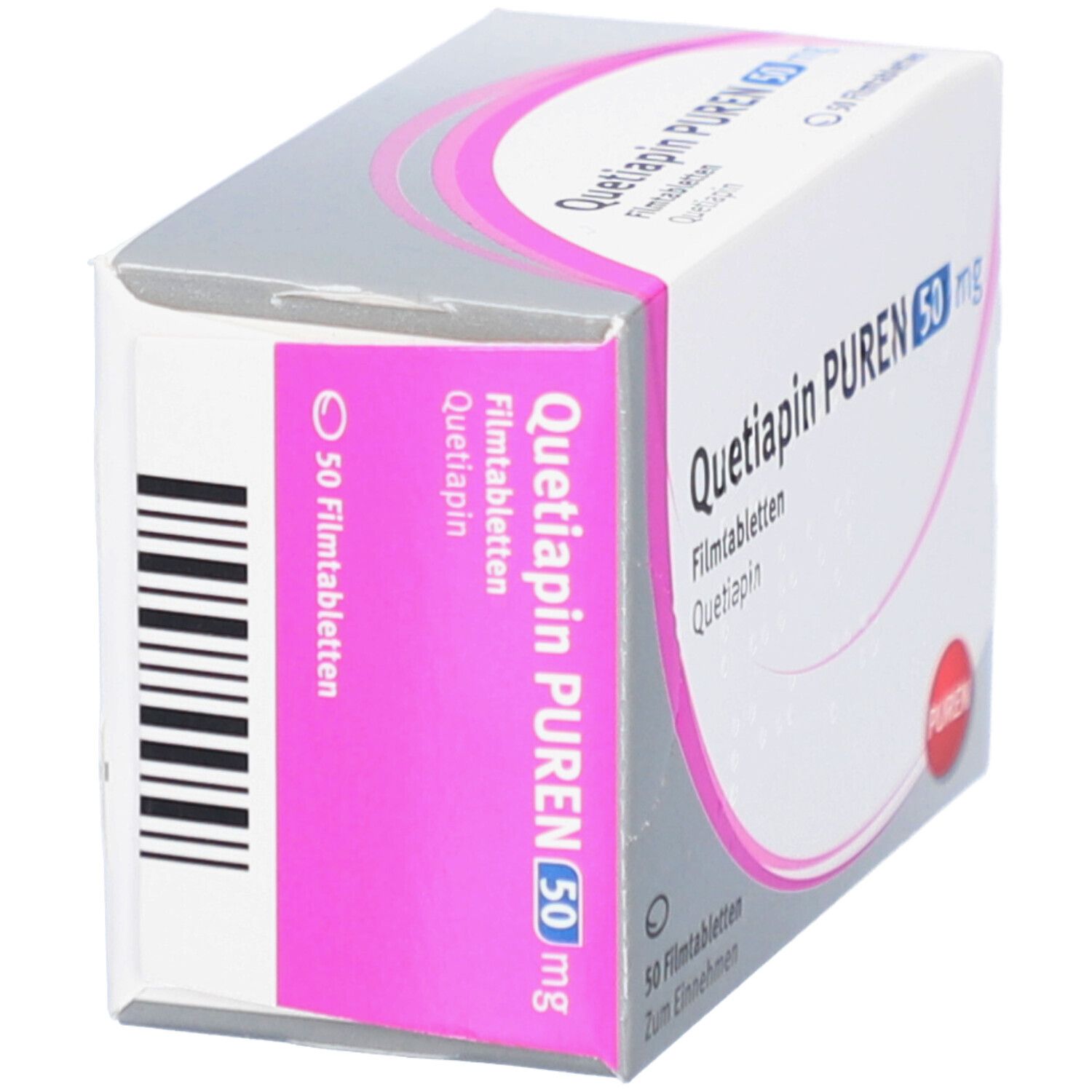 Schachtel QUETIAPIN PUREN 50 mg. Seitenansicht mit Produktnamen, Dosierung, Anzahl Tabletten und PUREN-Logo.