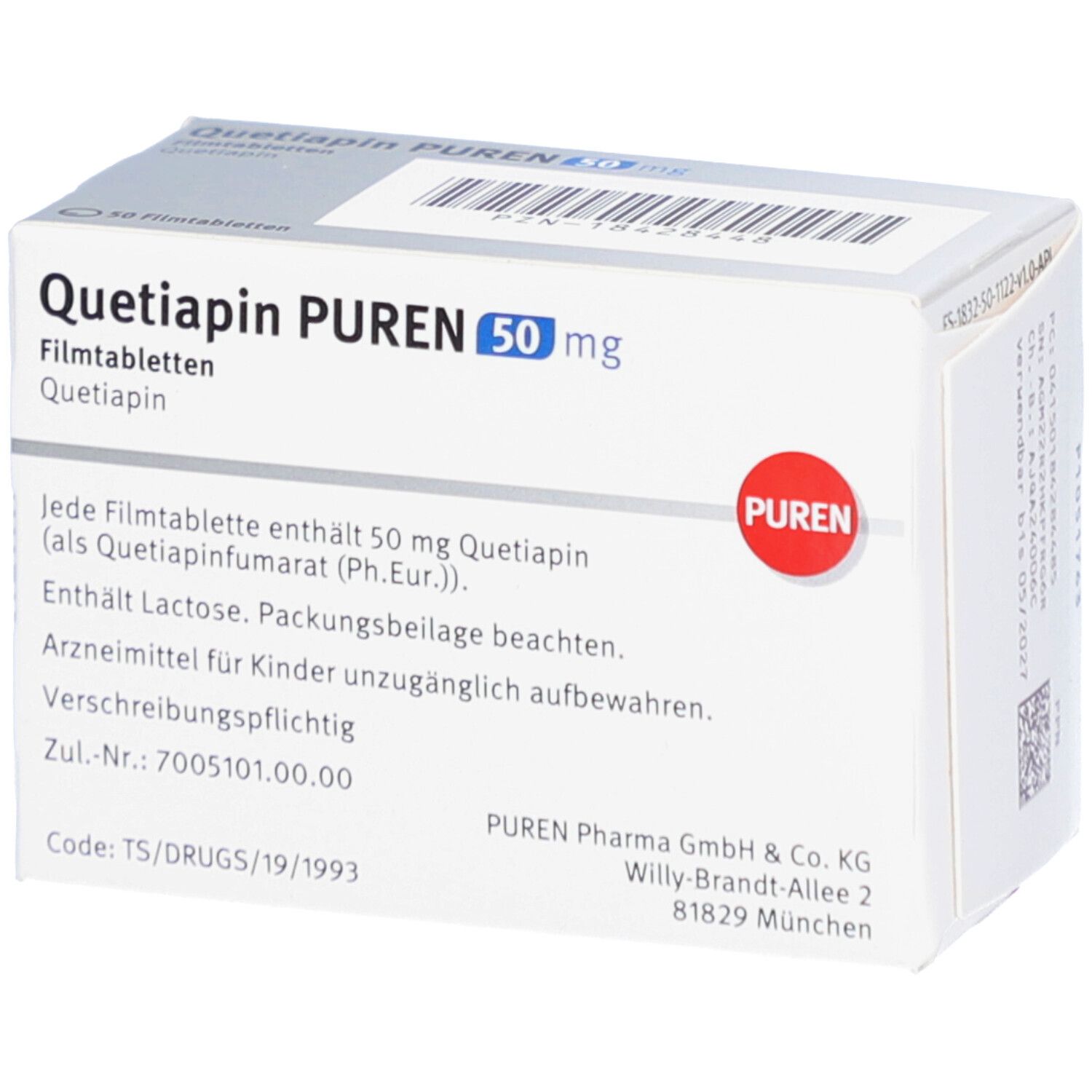 Schachtel QUETIAPIN PUREN 50 mg. Text mit Inhaltsstoffen, Dosierung, Herstellerinformationen und PUREN-Logo.