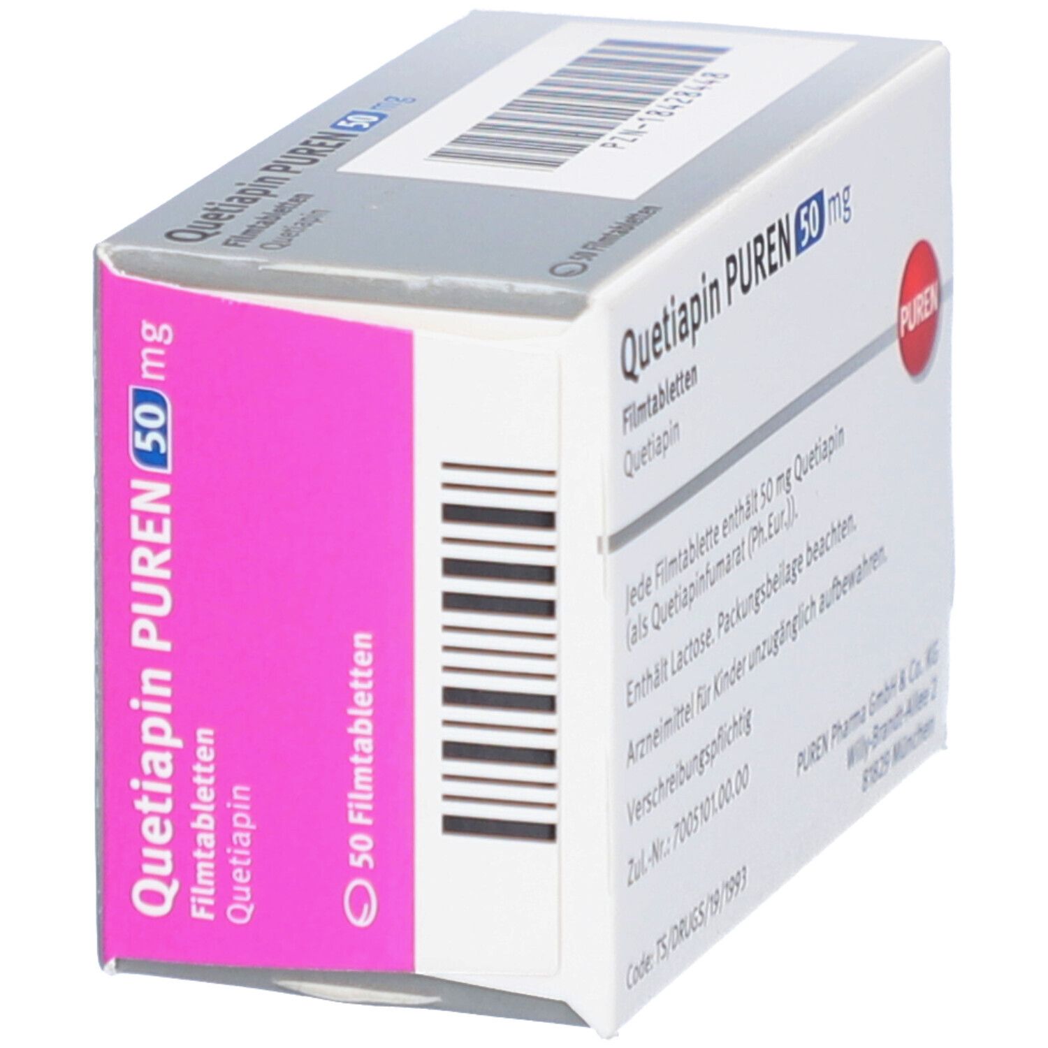 Schachtel QUETIAPIN PUREN 50 mg. Seitenansicht mit Produktnamen, Dosierung, Anzahl Tabletten und PUREN-Logo.